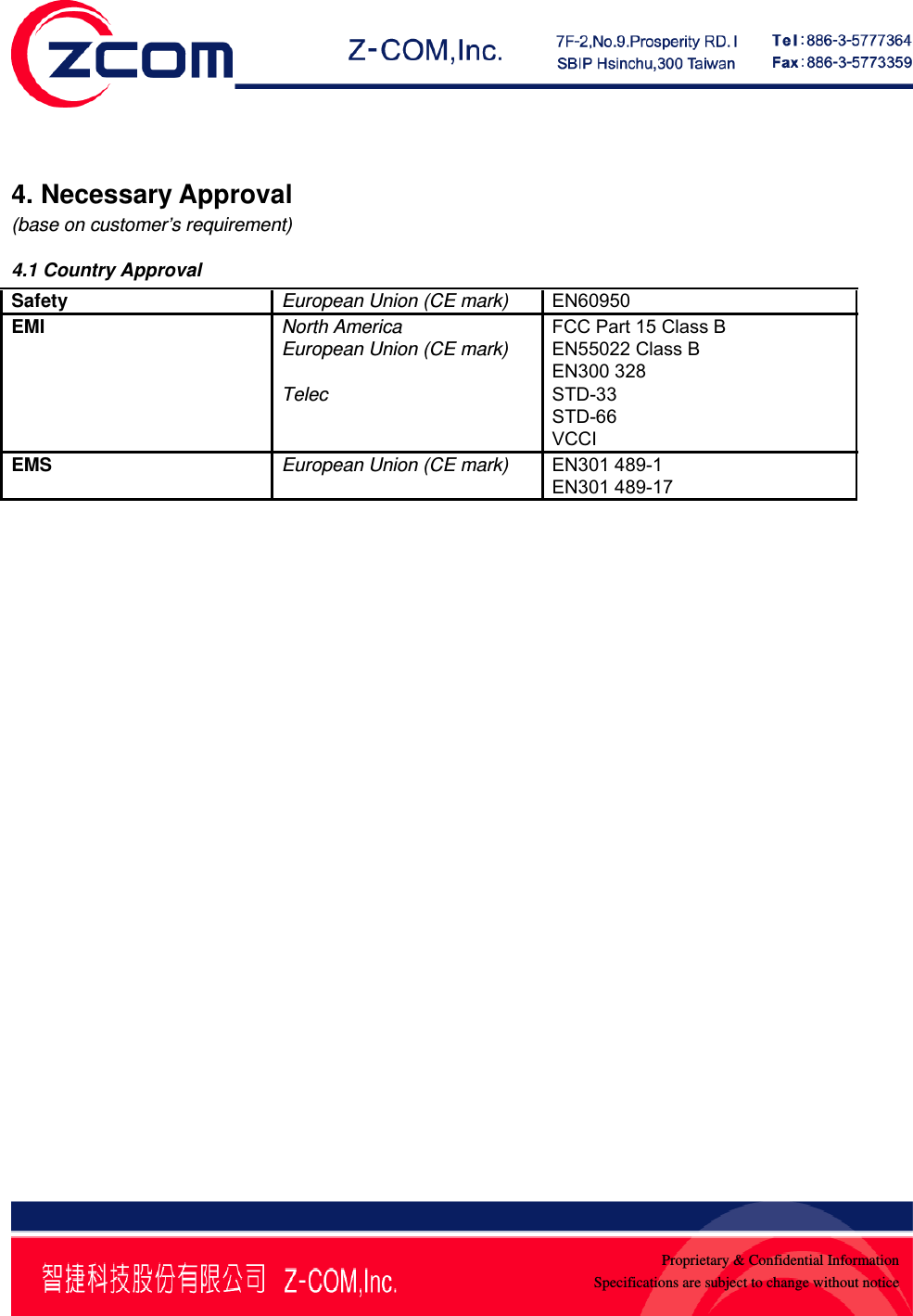    Proprietary &amp; Confidential InformationSpecifications are subject to change without notice 4. Necessary Approval (base on customer&rsquo;s requirement) 4.1 Country Approval Safety  European Union (CE mark)  EN60950  EMI  North America  FCC Part 15 Class B  European Union (CE mark)  EN55022 Class B EN300 328  Telec  STD-33 STD-66 VCCI EMS  European Union (CE mark)  EN301 489-1  EN301 489-17  