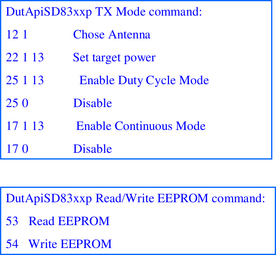 DutApiSD83xxp TX Mode command:12 1              Chose Antenna22 1 13         Set target power25 1 13           Enable Duty Cycle Mode 25 0              Disable17 1 13          Enable Continuous Mode17 0              DisableDutApiSD83xxp Read/Write EEPROM command:53 Read EEPROM54   Write EEPROM