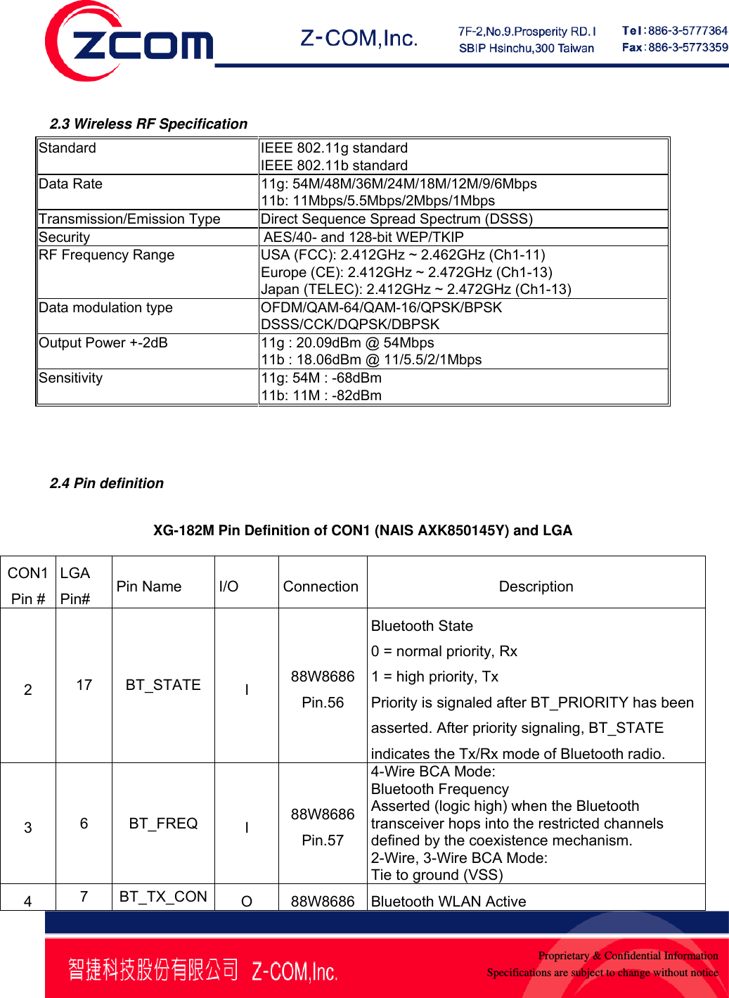    Proprietary &amp; Confidential InformationSpecifications are subject to change without notice 2.3 Wireless RF Specification Standard IEEE 802.11g standard IEEE 802.11b standard Data Rate  11g: 54M/48M/36M/24M/18M/12M/9/6Mbps 11b: 11Mbps/5.5Mbps/2Mbps/1Mbps Transmission/Emission Type  Direct Sequence Spread Spectrum (DSSS) Security AES/40- and 128-bit WEP/TKIP RF Frequency Range  USA (FCC): 2.412GHz ~ 2.462GHz (Ch1-11) Europe (CE): 2.412GHz ~ 2.472GHz (Ch1-13) Japan (TELEC): 2.412GHz ~ 2.472GHz (Ch1-13) Data modulation type  OFDM/QAM-64/QAM-16/QPSK/BPSK DSSS/CCK/DQPSK/DBPSK Output Power +-2dB  11g : 20.09dBm @ 54Mbps 11b : 18.06dBm @ 11/5.5/2/1Mbps Sensitivity 11g: 54M : -68dBm 11b: 11M : -82dBm     2.4 Pin definition  XG-182M Pin Definition of CON1 (NAIS AXK850145Y) and LGA  CON1 Pin # LGA Pin#  Pin Name  I/O  Connection Description 2  17 BT_STATE  I  88W8686 Pin.56 Bluetooth State 0 = normal priority, Rx 1 = high priority, Tx Priority is signaled after BT_PRIORITY has been asserted. After priority signaling, BT_STATE indicates the Tx/Rx mode of Bluetooth radio. 3  6 BT_FREQ  I  88W8686 Pin.57 4-Wire BCA Mode: Bluetooth Frequency Asserted (logic high) when the Bluetooth transceiver hops into the restricted channels defined by the coexistence mechanism. 2-Wire, 3-Wire BCA Mode: Tie to ground (VSS)  4  7 BT_TX_CON O 88W8686 Bluetooth WLAN Active 