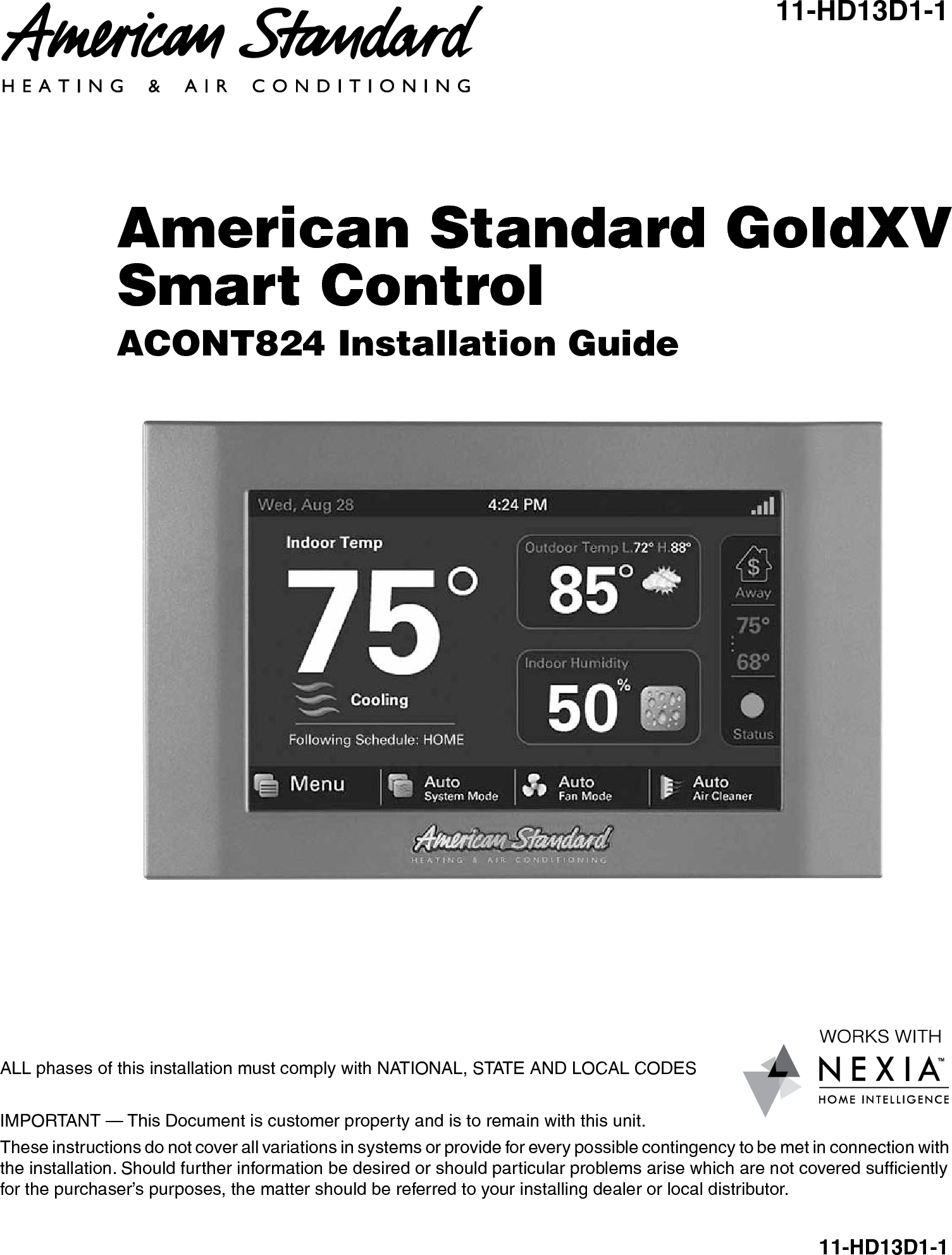 Z Wave Acont824 Install Guide American Standard Gold XV Smart Control