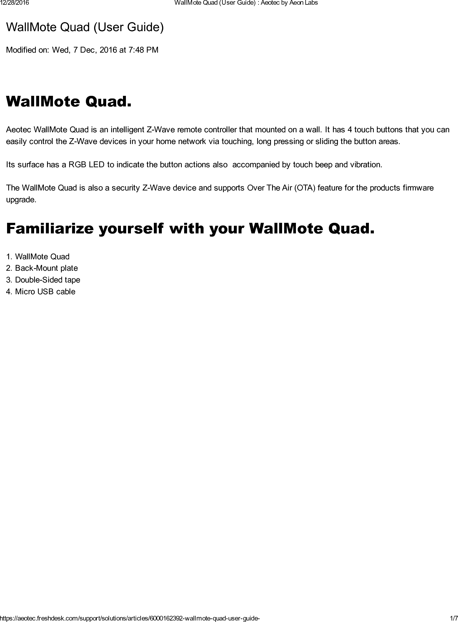 Page 1 of 7 - Z-Wave Aeotec Wallmote Quad User Manual