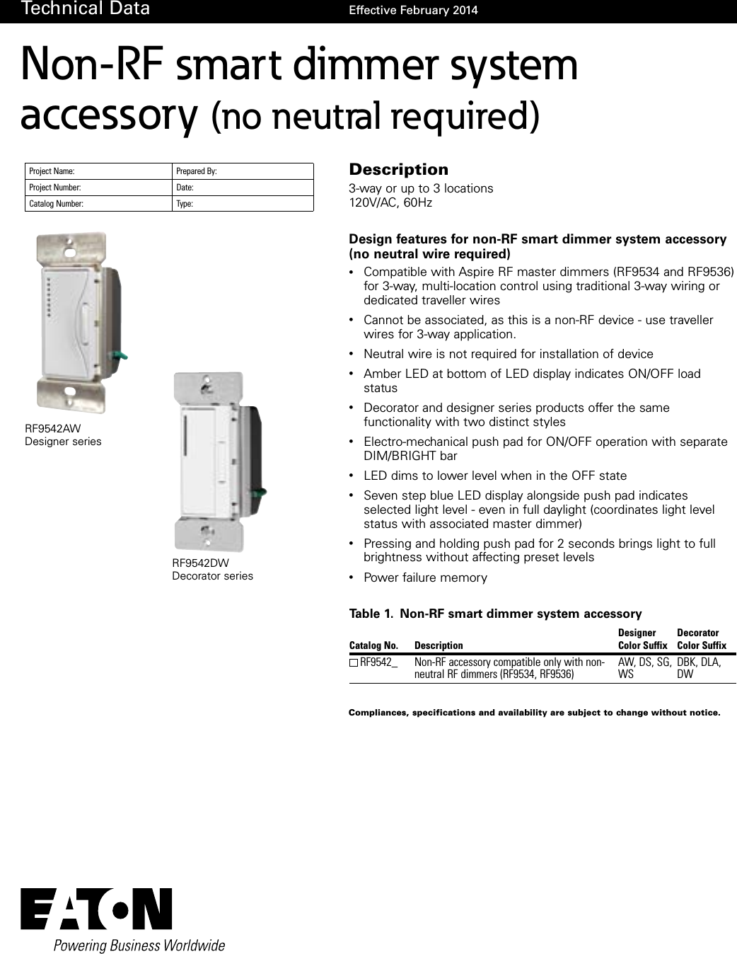Page 1 of 4 - Z-Wave B004Fw2Ndq Eaton Aspire Non-Rf Rf9542 Smart Dimmer System Accessory Spec Sheet User Manual