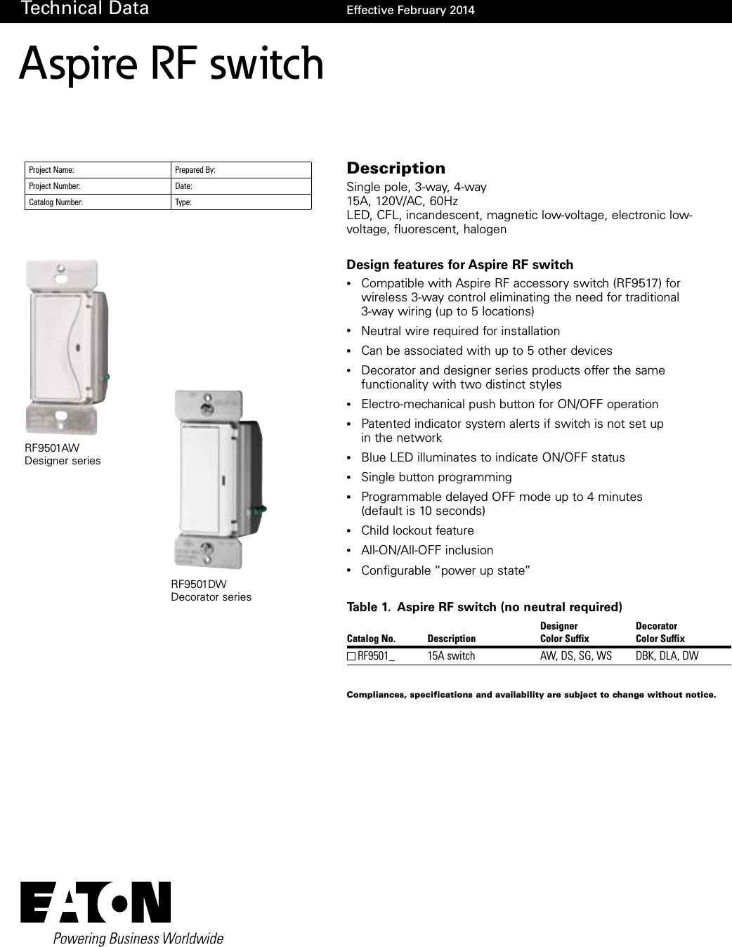 Page 1 of 4 - Z-Wave B004Scu5N8 Eaton Aspire Rf901 Switch Spec Sheet User Manual