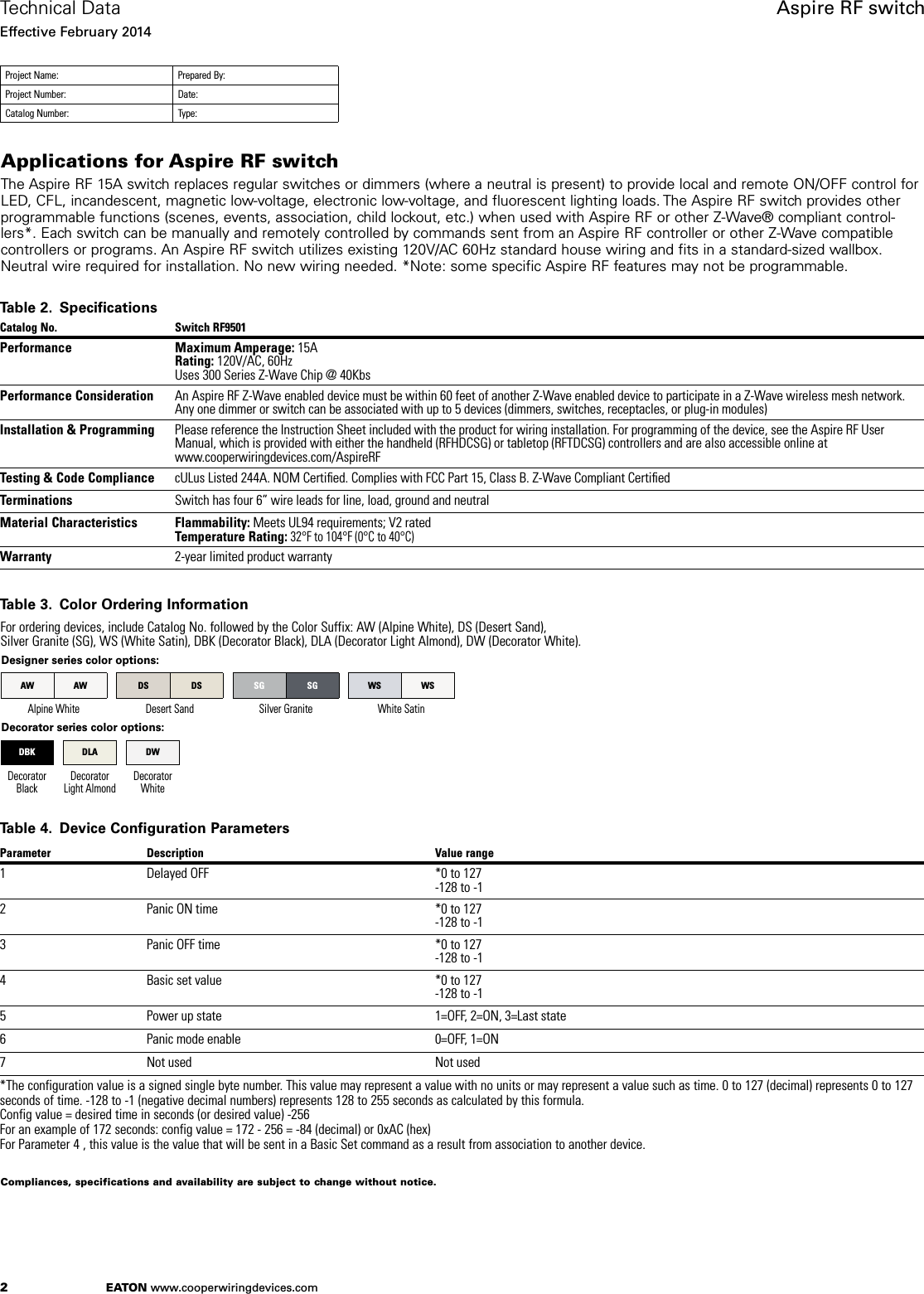 Page 2 of 4 - Z-Wave B004Scu5N8 Eaton Aspire Rf901 Switch Spec Sheet User Manual
