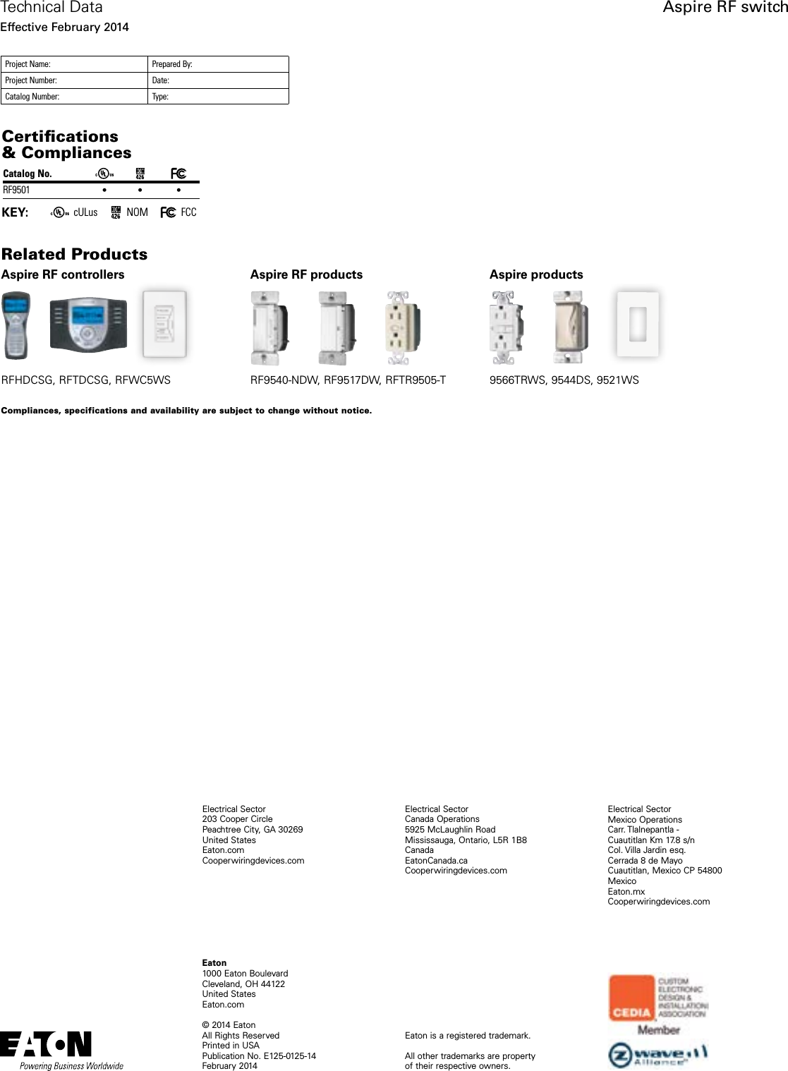 Page 4 of 4 - Z-Wave B004Scu5N8 Eaton Aspire Rf901 Switch Spec Sheet User Manual