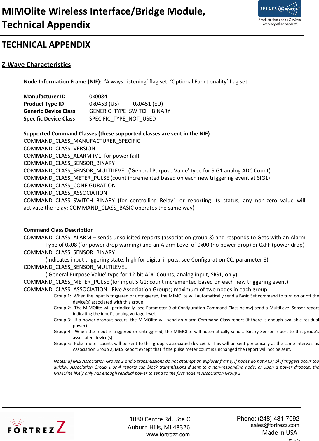 Page 1 of 6 - Z-Wave B00B6Rz7Mm Fortrezz Mimolite Motor Control Fzmimoliteus Technical Appendix - Tech 05May2015 User Manual Fortrez Z