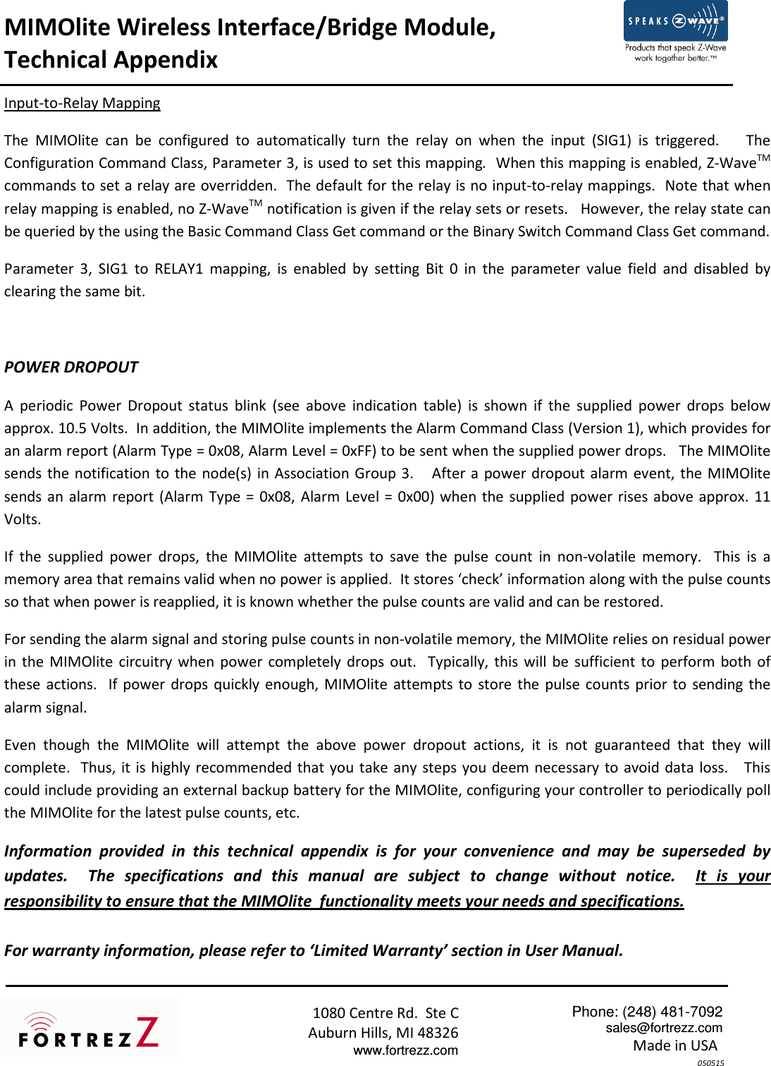 Page 6 of 6 - Z-Wave B00B6Rz7Mm Fortrezz Mimolite Motor Control Fzmimoliteus Technical Appendix - Tech 05May2015 User Manual Fortrez Z
