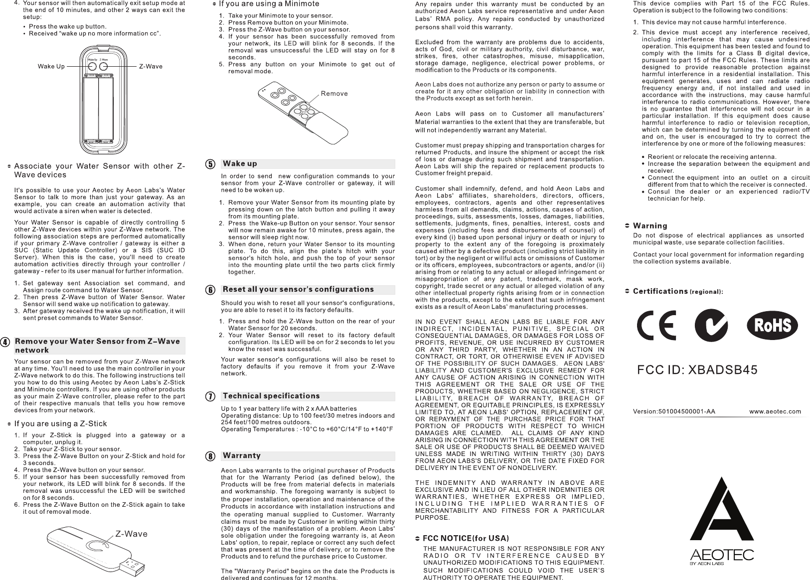 Z Wave B00h3tj3p4 Aeotec By Aeon Labs Water Sensor Dsb45 Zwus Manual Sensor Al001 英文 User