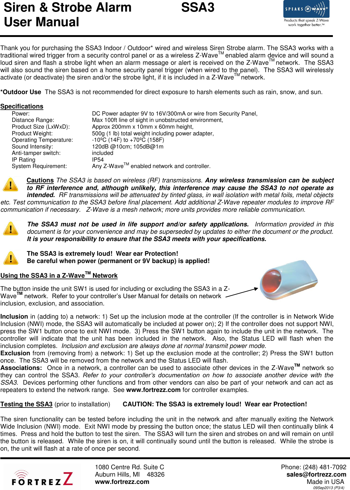 Page 1 of 4 - Z-Wave B00Hwxzduu Fortrezz Siren Strobe Alarm Manual Thank You For Purchasing The Wireless Water And Freeze Detection WWA-01 User Fortrez Z