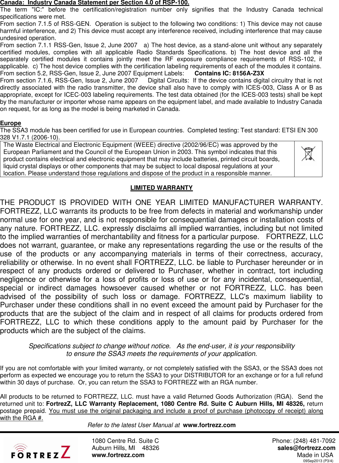 Page 4 of 4 - Z-Wave B00Hwxzduu Fortrezz Siren Strobe Alarm Manual Thank You For Purchasing The Wireless Water And Freeze Detection WWA-01 User Fortrez Z