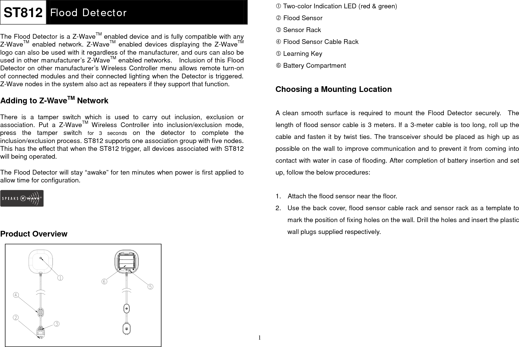 Page 1 of 4 - Z-Wave Everspring St812 Manual Us Flood Detector User