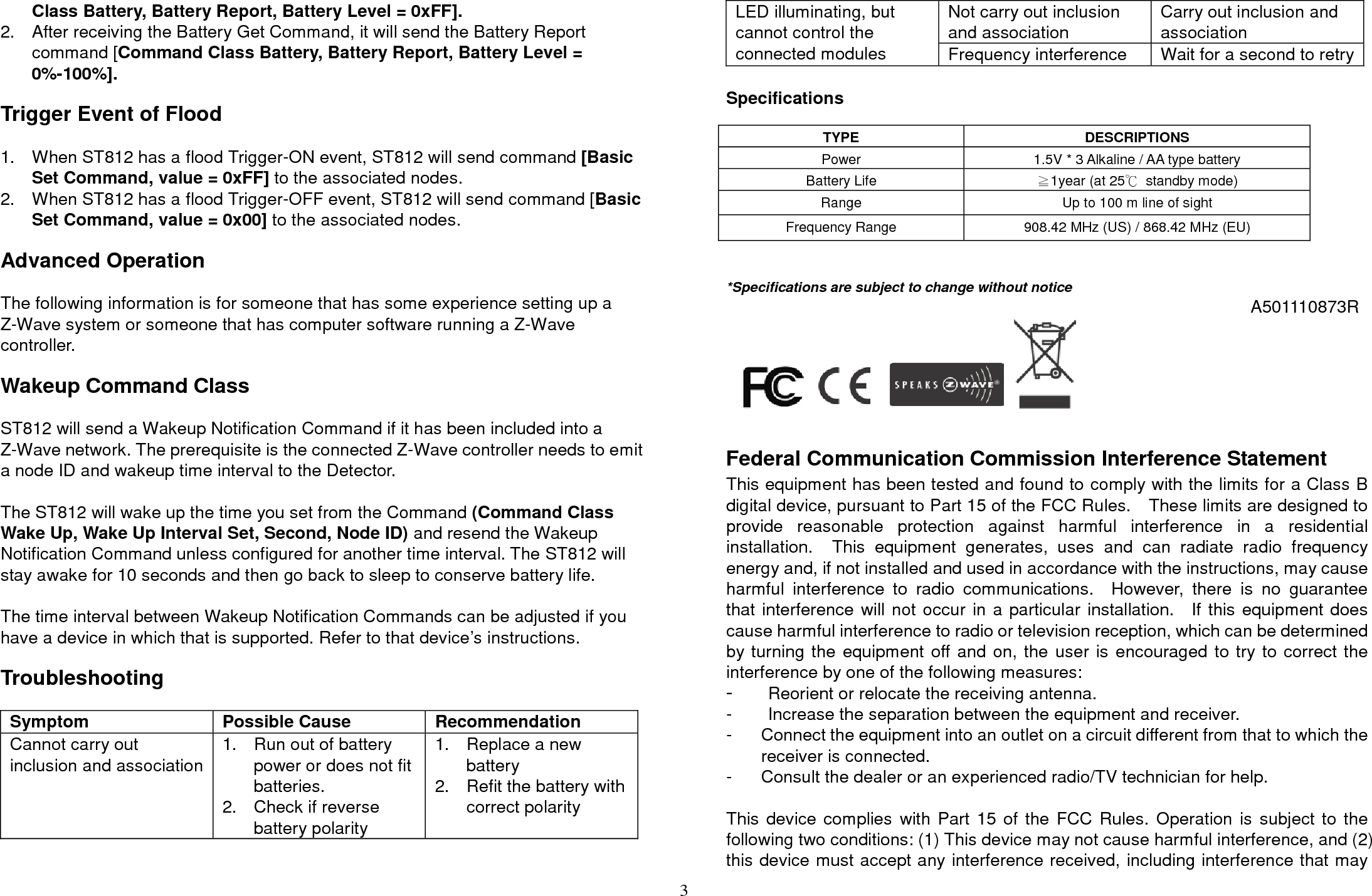 Page 3 of 4 - Z-Wave Everspring St812 Manual Us Flood Detector User