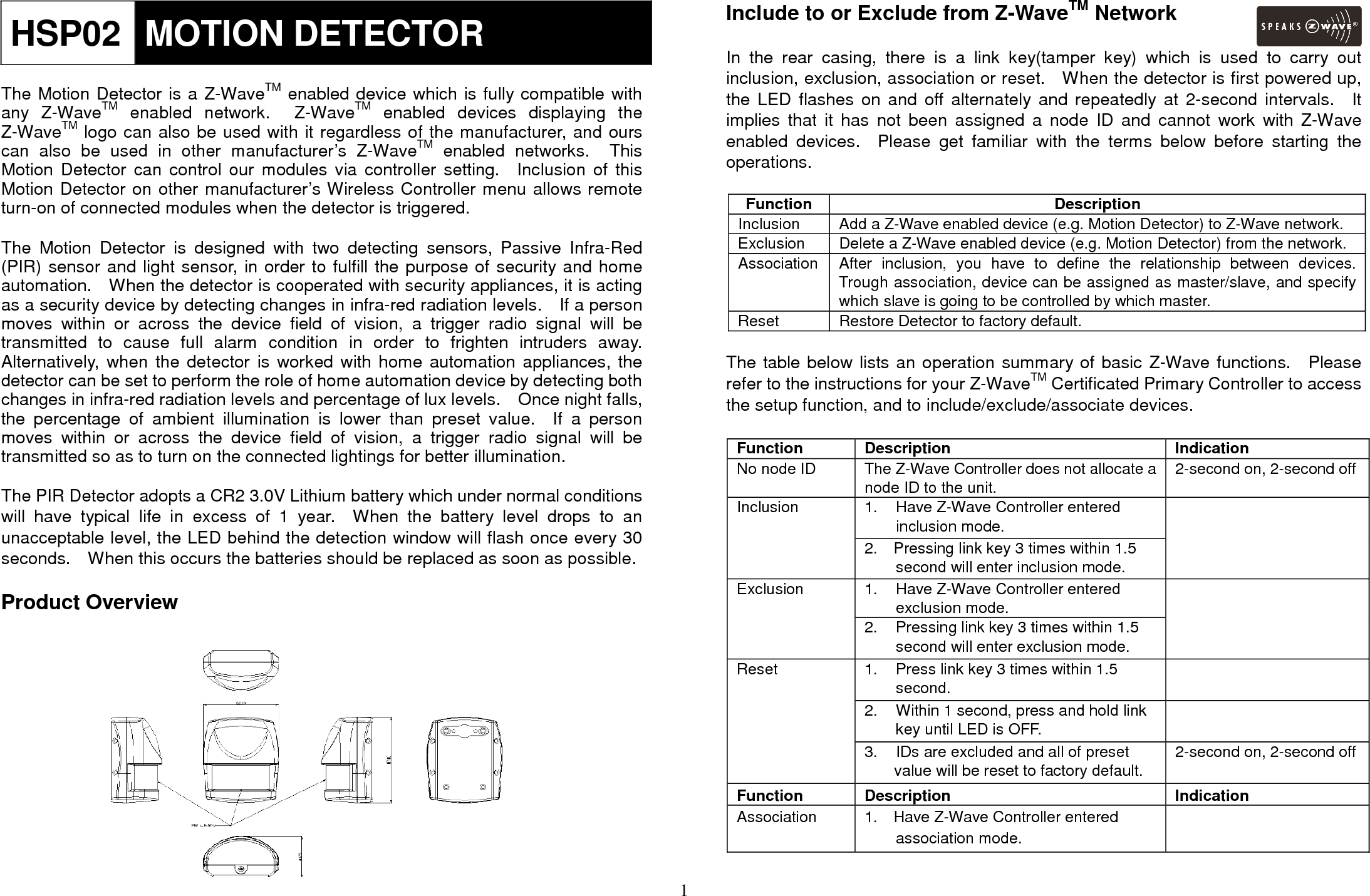 Page 1 of 7 - Z-Wave Everspring-Z-Wave-Hsp02-Motion-Light-Sensor-User-Manual - HSP02_UserManual User Manual