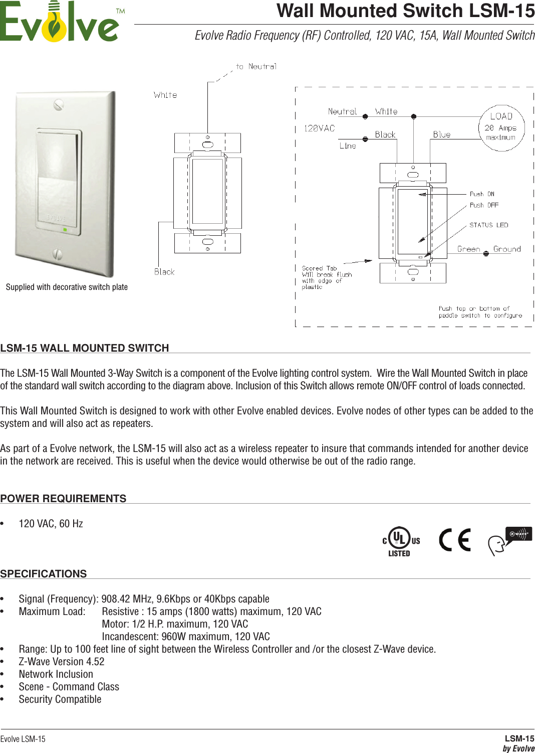 Z Wave Evolve Lsm 15 Spec User Manual