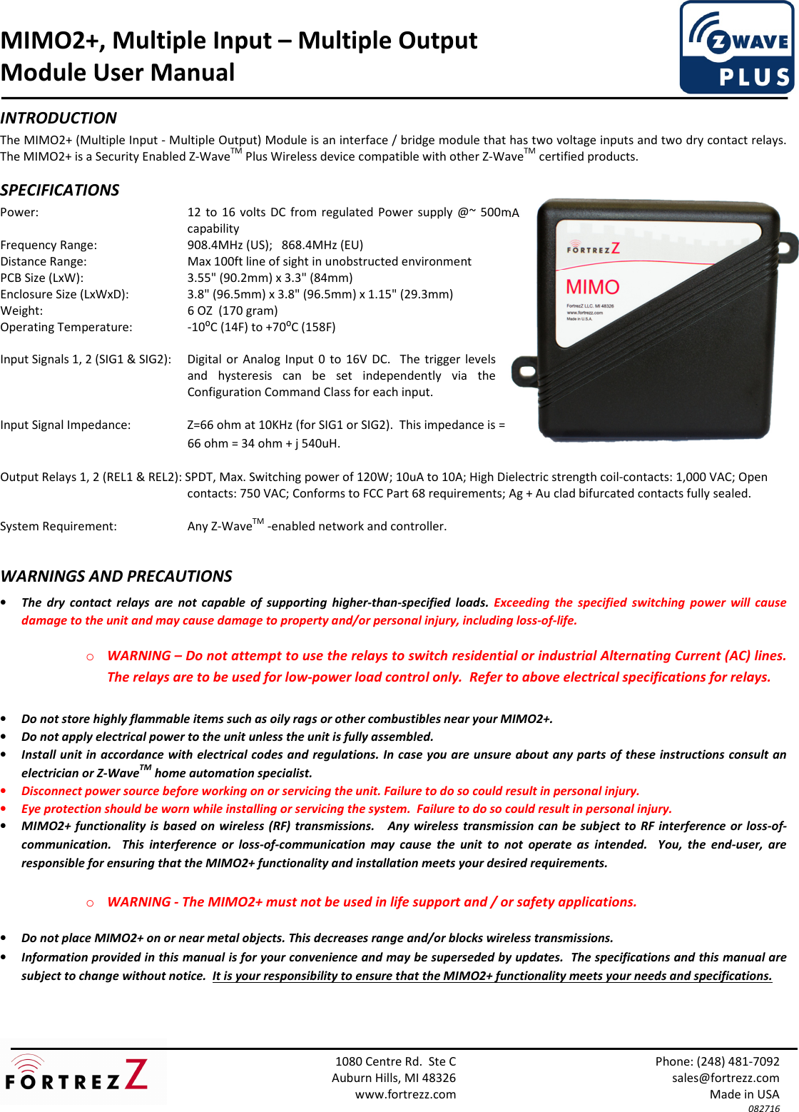 Page 1 of 6 - User Manual MIMO2+x  Fortrezz Mi MO2