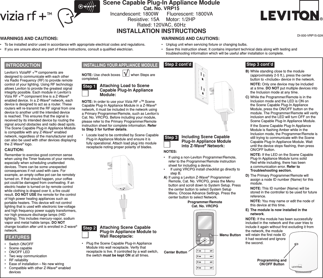 Z Wave Leviton Vrp15 1Lw Installation Manual And Setup Guide User