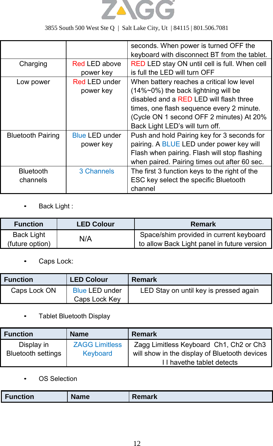 3855 South 500 West Ste Q  |  Salt Lake City, Ut  | 84115 | 801.506.7081 12     seconds. When power is turned OFF the keyboard with disconnect BT from the tablet.Charging Red LED above power keyRED LED stay ON until cell is full. When cell is full the LED will turn OFFLow power Red LED under power key When battery reaches a critical low level (14%~0%) the back lightning will be disabled and a RED LED will flash three times, one flash sequence every 2 minute. (Cycle ON 1 second OFF 2 minutes) At 20% Back Light LED’s will turn off. Bluetooth Pairing Blue LED under power key Push and hold Pairing key for 3 seconds for pairing. A BLUE LED under power key will Flash when pairing. Flash will stop flashing when paired. Pairing times out after 60 sec. Bluetooth channels 3 Channels The first 3 function keys to the right of the ESC key select the specific Bluetooth channel  • Back Light :  Function LED Colour Remark Back Light (future option)  N/A Space/shim provided in current keyboard to allow Back Light panel in future version • Caps Lock:  Function LED Colour Remark Caps Lock ON Blue LED under Caps Lock KeyLED Stay on until key is pressed again  • Tablet Bluetooth Display  Function Name Remark Display in Bluetooth settingsZAGG Limitless Keyboard Zagg Limitless Keyboard  Ch1, Ch2 or Ch3 will show in the display of Bluetooth devices I I havethe tablet detects  • OS Selection  Function Name  Remark 