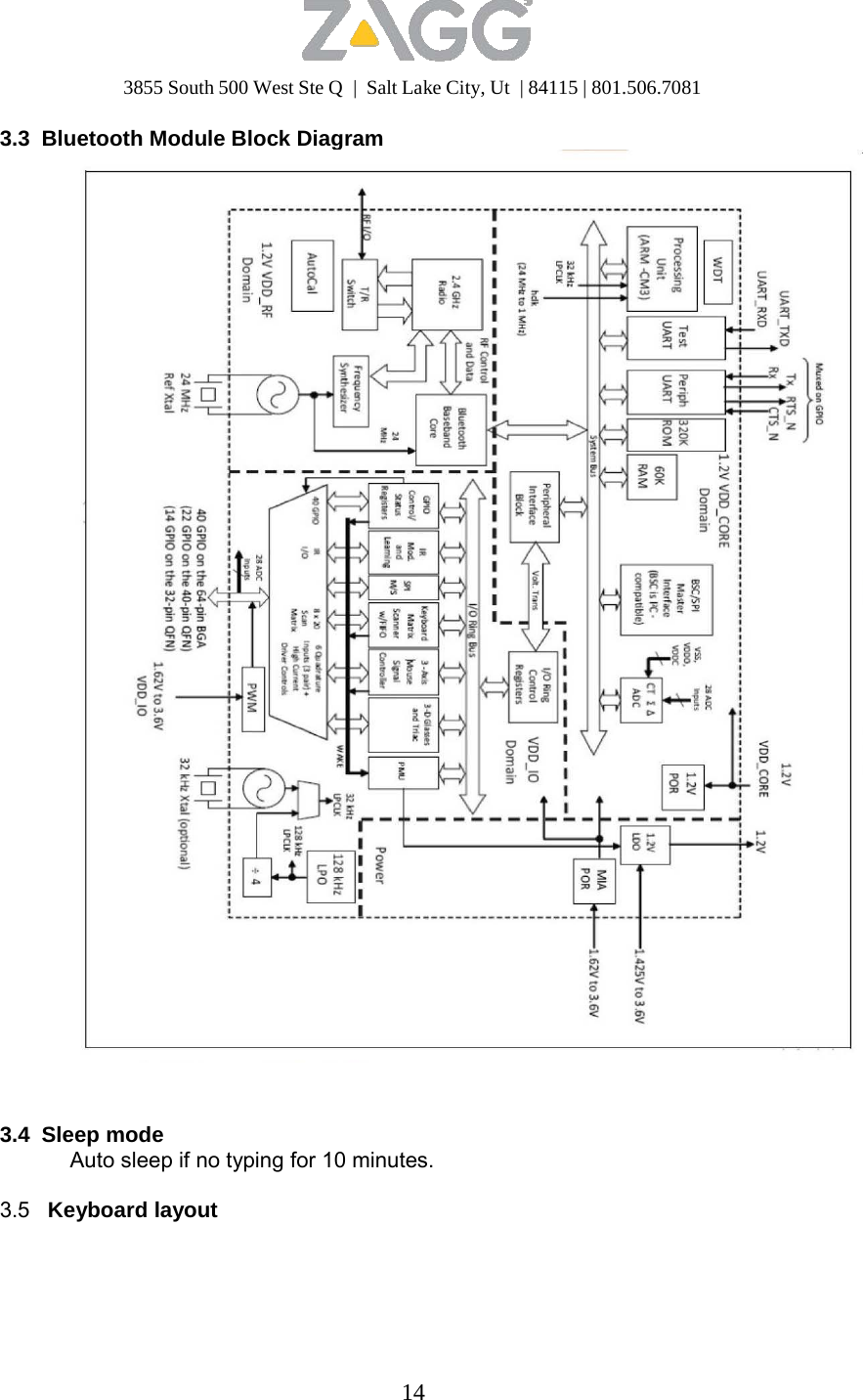 3855 South 500 West Ste Q  |  Salt Lake City, Ut  | 84115 | 801.506.7081 14   3.3 Bluetooth Module Block Diagram     3.4 Sleep mode Auto sleep if no typing for 10 minutes.  3.5   Keyboard layout 