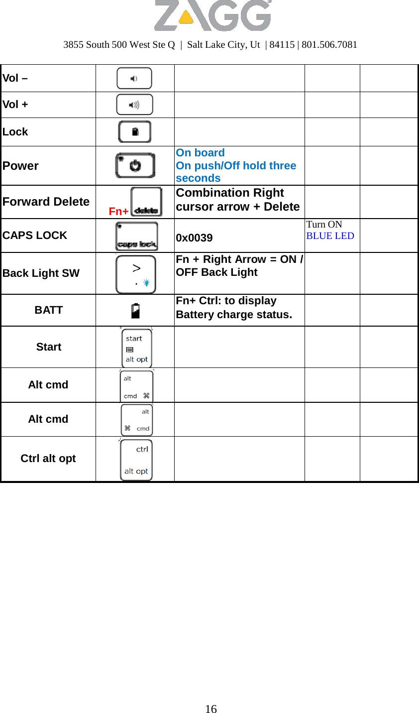 3855 South 500 West Ste Q  |  Salt Lake City, Ut  | 84115 | 801.506.7081 16    Vol –      Vol +      Lock      Power    On board On push/Off hold three seconds   Forward Delete   Fn+ Combination Right cursor arrow + Delete    CAPS LOCK  0x0039 Turn ON BLUE LED   Back Light SW  Fn + RightArrow = ON/OFF Back Light    BATT    Fn+ Ctrl: to display Battery charge status.    Start       Alt cmd       Alt cmd        Ctrl alt opt      