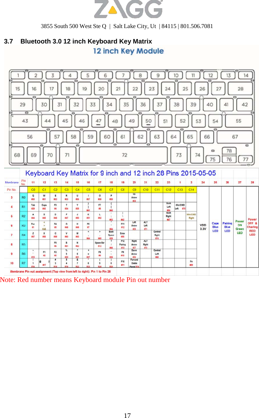 3855 South 500 West Ste Q  |  Salt Lake City, Ut  | 84115 | 801.506.7081 17   3.7  Bluetooth 3.0 12 inch Keyboard Key Matrix                                        Note: Red number means Keyboard module Pin out number 