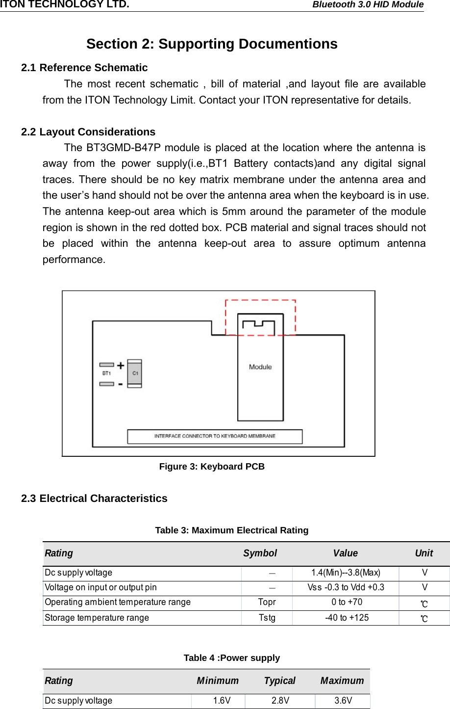ITON TECHNOLOGY LTD. Bluetooth 3.0 HID ModuleSection 2: Supporting Documentions2.1 Reference SchematicThe most recent schematic , bill of material ,and layout file are availablefrom the ITON Technology Limit. Contact your ITON representative for details.2.2 Layout ConsiderationsThe BT3GMD-B47P module is placed at the location where the antenna isaway from the power supply(i.e.,BT1 Battery contacts)and any digital signaltraces. There should be no key matrix membrane under the antenna area andthe user’s hand should not be over the antenna area when the keyboard is in use.The antenna keep-out area which is 5mm around the parameter of the moduleregion is shown in the red dotted box. PCB material and signal traces should notbe placed within the antenna keep-out area to assure optimum antennaperformance.Figure 3: Keyboard PCB2.3 Electrical CharacteristicsTable 3: Maximum Electrical RatingTable 4 :Power supplyRating Symbol Value UnitDc supply voltage      －1.4(Min)--3.8(Max) VVoltage on input or output pin      －Vs s  -0.3 to Vdd +0.3 VOperating ambient temperature range Topr  0 to +70 ℃Storage temperature range Tstg  -40 to +125 ℃Rating Minimum Typical MaximumDc supply voltage    1.6V 2.8V 3.6V