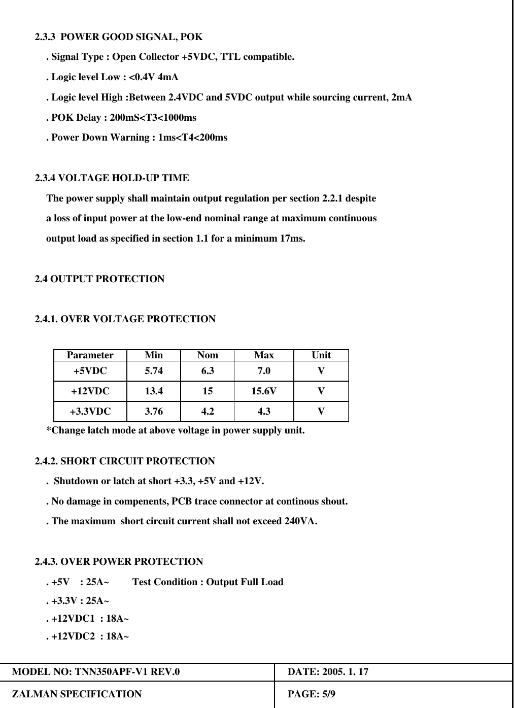 Min UnitMax. Power Down Warning : 1ms<T4<200msV2.3.4 VOLTAGE HOLD-UP TIMEThe power supply shall maintain output regulation per section 2.2.1 despitea loss of input power at the low-end nominal range at maximum continuousParameter2.4 OUTPUT PROTECTION2.4.1. OVER VOLTAGE PROTECTION+5VDC 5.74 6.3 7.0+12VDC 13.4 15 15.6VNomDATE: 2005. 1. 17. +5V    : 25A~         Test Condition : Output Full Load. +3.3V : 25A~. +12VDC1  : 18A~PAGE: 5/9ZALMAN SPECIFICATIONMODEL NO: TNN350APF-V1 REV.0. +12VDC2  : 18A~. Logic level Low : <0.4V 4mA+3.3VDC 3.76 4.2 4.3*Change latch mode at above voltage in power supply unit.2.4.2. SHORT CIRCUIT PROTECTION.  Shutdown or latch at short +3.3, +5V and +12V.. No damage in compenents, PCB trace connector at continous shout.. The maximum  short circuit current shall not exceed 240VA.2.4.3. OVER POWER PROTECTIONVVoutput load as specified in section 1.1 for a minimum 17ms.2.3.3  POWER GOOD SIGNAL, POK. Logic level High :Between 2.4VDC and 5VDC output while sourcing current, 2mA. Signal Type : Open Collector +5VDC, TTL compatible.. POK Delay : 200mS<T3<1000ms