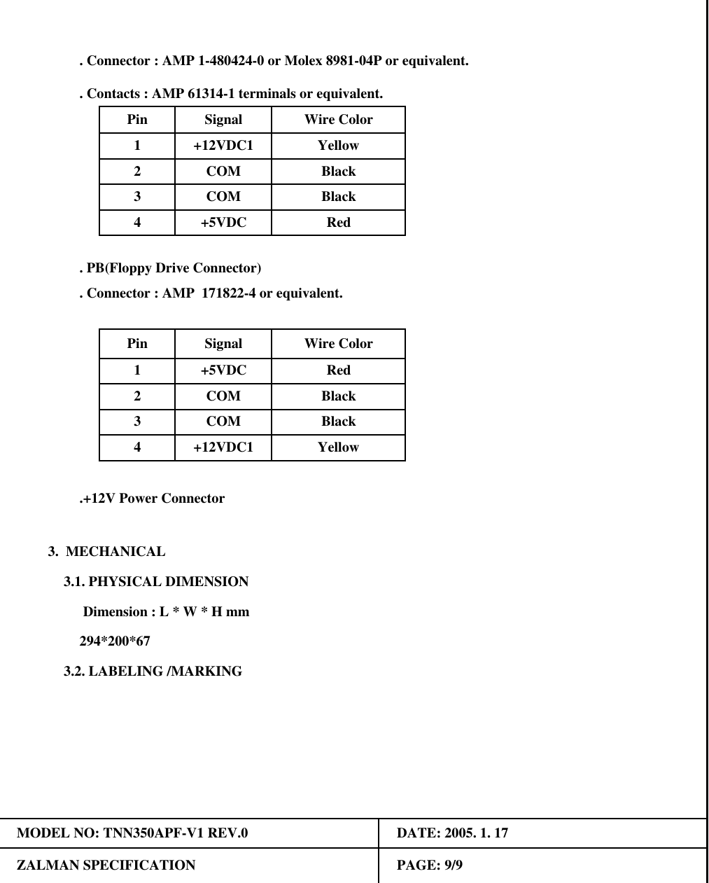 4 +12VDC1 Yellow.+12V Power Connector2 COM Black3 COM BlackWire Color1 +5VDC Red3 COM Black4 +5VDC Red1 +12VDC1 Yellow2 COM BlackSignal Wire Color. Contacts : AMP 61314-1 terminals or equivalent.. Connector : AMP 1-480424-0 or Molex 8981-04P or equivalent.MODEL NO: TNN350APF-V1 REV.0ZALMAN SPECIFICATION PAGE: 9/9. Connector : AMP  171822-4 or equivalent.. PB(Floppy Drive Connector)3.2. LABELING /MARKINGDATE: 2005. 1. 173.  MECHANICAL3.1. PHYSICAL DIMENSIONPin Signal Dimension : L * W * H mm294*200*67Pin