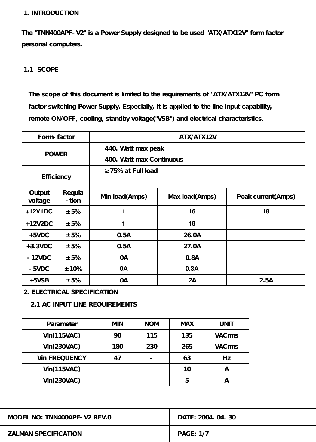 0A-5VDC &plusmn;10% 0.3AZALMAN SPECIFICATIONfactor switching Power Supply. Especially, It is applied to the line input capability, 2.1 AC INPUT LINE REQUIREMENTS+3.3VDC-12VDC+5VSB&plusmn;5%Efficiency400. Watt max ContinuousForm-factor 1. INTRODUCTIONThe "TNN400APF-V2" is a Power Supply designed to be used "ATX/ATX12V" form factorThe scope of this document is limited to the requirements of "ATX/ATX12V" PC form&plusmn;5%&plusmn;5%MODEL NO: TNN400APF-V2 REV.0POWERVin FREQUENCYMINVin(230VAC)Vin(115VAC)NOM5 2. ELECTRICAL SPECIFICATIONVin(230VAC)9018047Vin(115VAC)ParameterVACrmsVACrmsAAHzUNIT115230MAXPAGE: 1/7Outputvoltage Requla-tion+12V2DC+5VDC&plusmn;5%&plusmn;5%+12V1DC &plusmn;5%2.5AMin load(Amps)27.0A0.8A2AMax load(Amps)1826.0A0APeak current(Amps)&ge;75% at Full load1 16 180Apersonal computers. 1.1  SCOPEDATE: 2004. 04. 3010.5A0.5AATX/ATX12V440. Watt max peakremote ON/OFF, cooling, standby voltage("VSB") and electrical characteristics.-1352656310