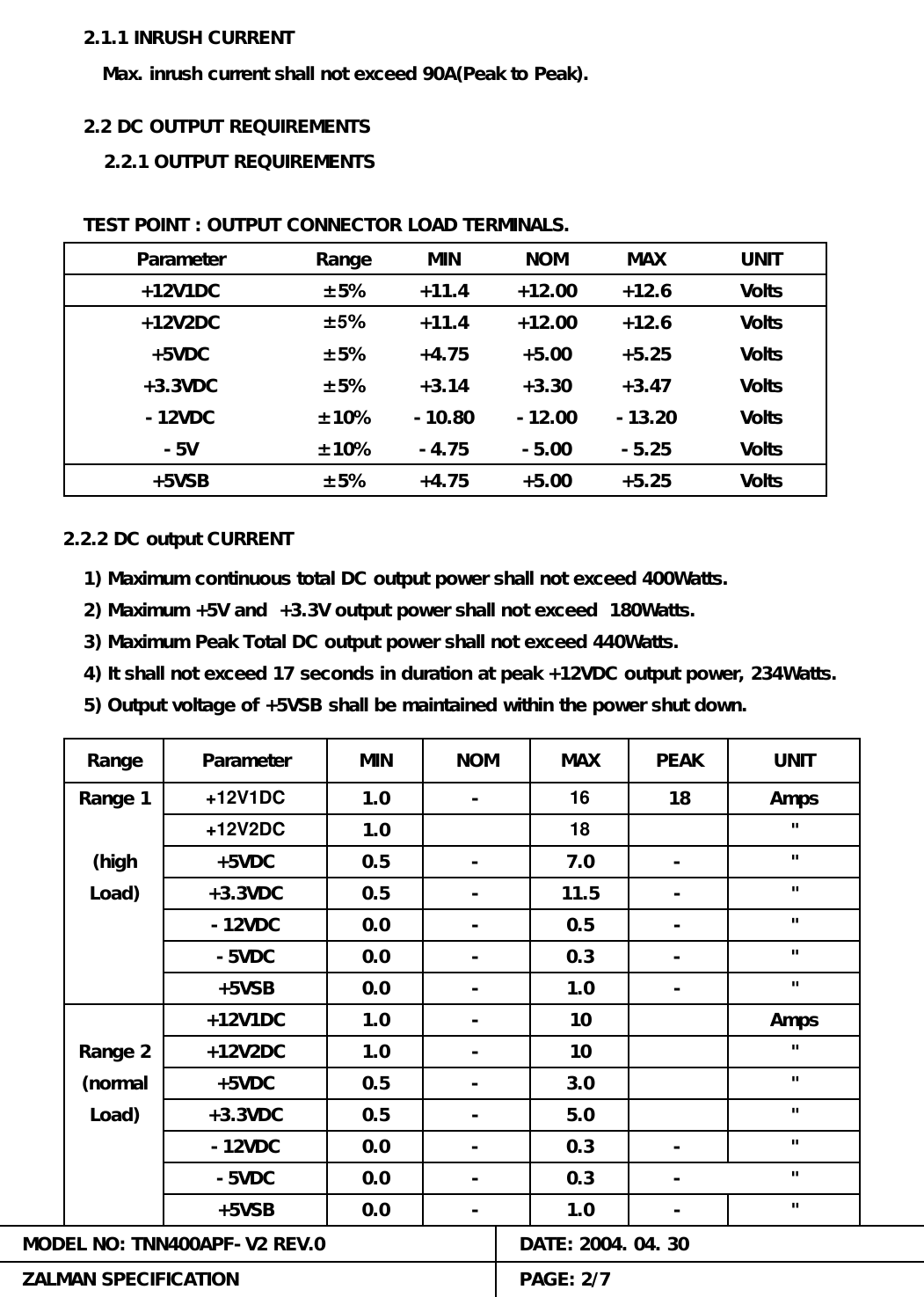 Amps+12V1DC 1.0-5VDC"+12.6 Volts-10---11.50.50.50.00.3--5VDC 0.0+12V2DC+5VSB10-5V &plusmn;10% -4.75 -5.00+5VDC+3.3VDC0.0-"-1.0-Load)-0.5"3.0"-1.0""--1.00.00.0-"0.3""16-+12.6 Volts+12V2DC 1.0-MAX4) It shall not exceed 17 seconds in duration at peak +12VDC output power, 234Watts.PEAK+5VSB1) Maximum continuous total DC output power shall not exceed 400Watts.&plusmn;5% +5.00 Volts+4.752.2.2 DC output CURRENT+12.00+12V1DC+5VDC+12V2DC &plusmn;5%+11.4 +12.00&plusmn;5% +11.4-12VDC &plusmn;10%+4.75 +5.00+3.3VDC +3.30-12.00-10.80+3.14&plusmn;5%+5.25 Volts-13.20+5.25-5.25 VoltsVolts+3.47""(normal -5.0+5VSBMODEL NO: TNN400APF-V2 REV.0--12VDCZALMAN SPECIFICATION PAGE: 2/70.0DATE: 2004. 04. 30"--0.3Load)Range 21.00.5+3.3VDC-12VDC0.52) Maximum +5V and  +3.3V output power shall not exceed  180Watts.Parameter+12V1DC Amps3) Maximum Peak Total DC output power shall not exceed 440Watts.5) Output voltage of +5VSB shall be maintained within the power shut down.-NOMMIN(high 7.018-18+5VDCRangeRange 1&plusmn;5%UNITTEST POINT : OUTPUT CONNECTOR LOAD TERMINALS.Parameter MIN NOMRange MAX UNITVolts2.1.1 INRUSH CURRENT   Max. inrush current shall not exceed 90A(Peak to Peak).2.2 DC OUTPUT REQUIREMENTS2.2.1 OUTPUT REQUIREMENTS