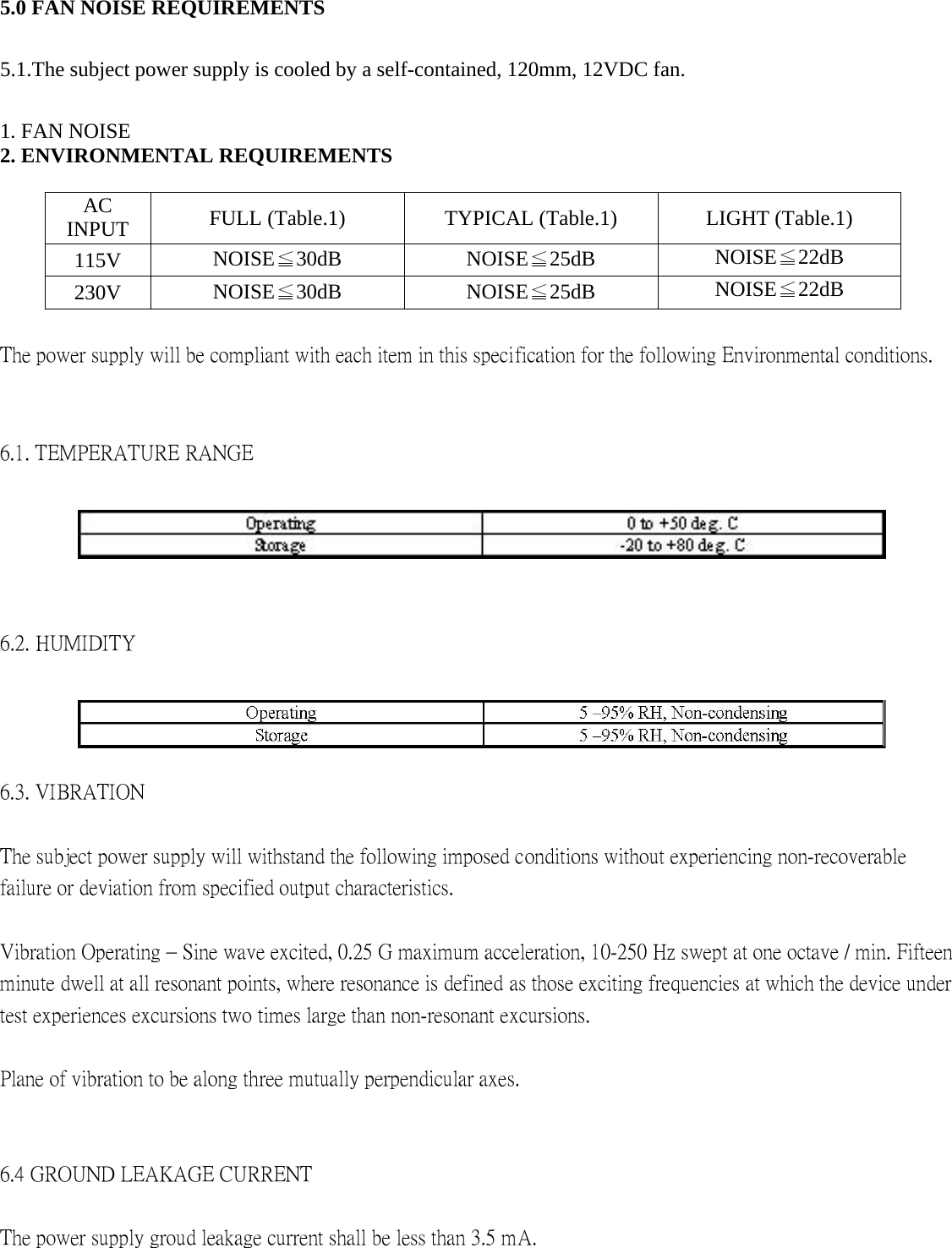 5.0 FAN NOISE REQUIREMENTS   5.1.The subject power supply is cooled by a self-contained, 120mm, 12VDC fan.   1. FAN NOISE   2. ENVIRONMENTAL REQUIREMENTS    AC INPUT   FULL (Table.1)    TYPICAL (Table.1)    LIGHT (Table.1)   115V   NOISE≦30dB   NOISE≦25dB   NOISE≦22dB  230V   NOISE≦30dB   NOISE≦25dB   NOISE≦22dB   The power supply will be compliant with each item in this specification for the following Environmental conditions.   6.1. TEMPERATURE RANGE     6.2. HUMIDITY  6.3. VIBRATION   The subject power supply will withstand the following imposed conditions without experiencing non-recoverable failure or deviation from specified output characteristics.   Vibration Operating &ndash; Sine wave excited, 0.25 G maximum acceleration, 10-250 Hz swept at one octave / min. Fifteen minute dwell at all resonant points, where resonance is defined as those exciting frequencies at which the device under test experiences excursions two times large than non-resonant excursions.   Plane of vibration to be along three mutually perpendicular axes.   6.4 GROUND LEAKAGE CURRENT   The power supply groud leakage current shall be less than 3.5 mA.    