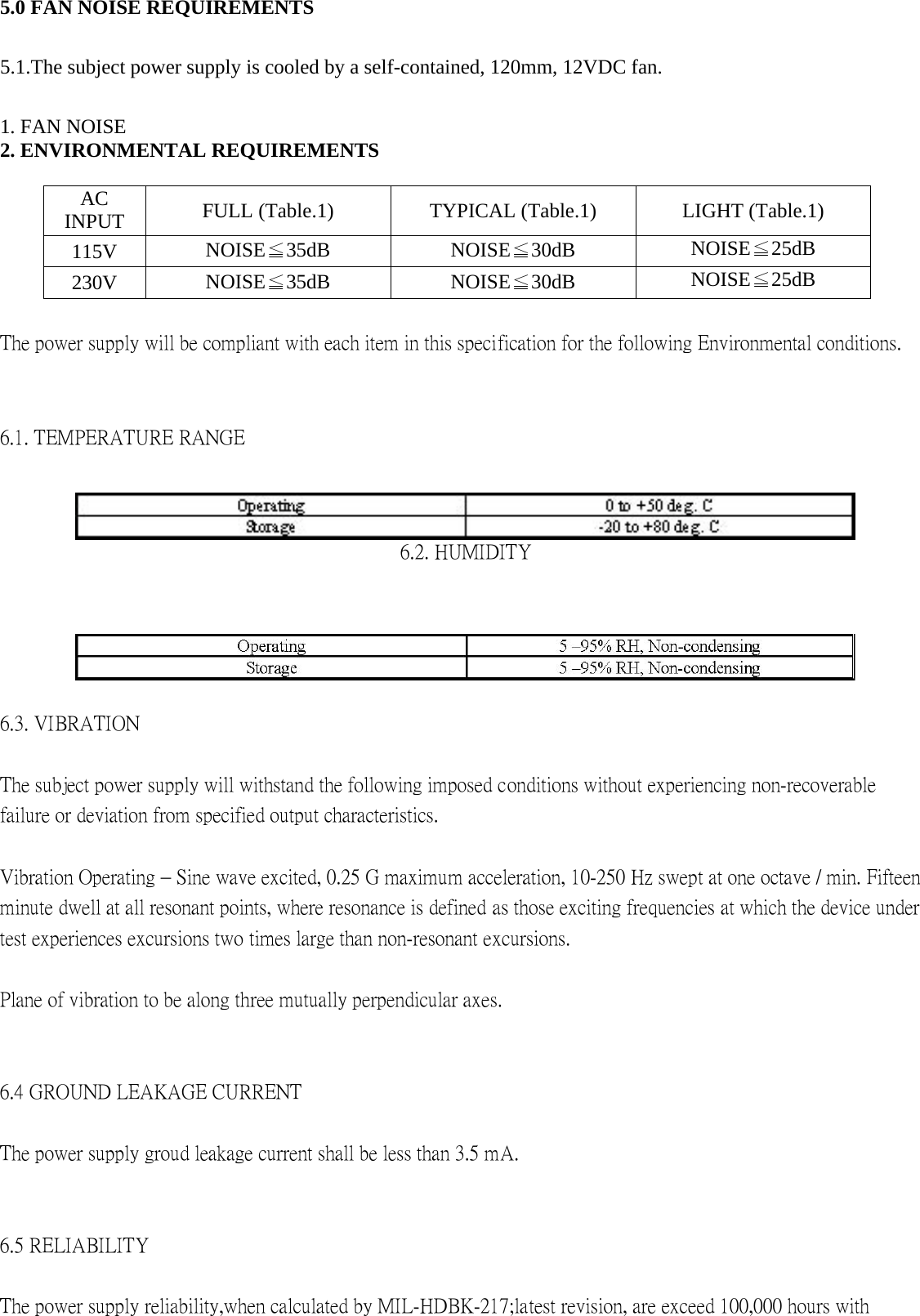 5.0 FAN NOISE REQUIREMENTS   5.1.The subject power supply is cooled by a self-contained, 120mm, 12VDC fan.   1. FAN NOISE   2. ENVIRONMENTAL REQUIREMENTS    AC INPUT   FULL (Table.1)    TYPICAL (Table.1)    LIGHT (Table.1)   115V   NOISE≦35dB   NOISE≦30dB   NOISE≦25dB  230V   NOISE≦35dB   NOISE≦30dB   NOISE≦25dB   The power supply will be compliant with each item in this specification for the following Environmental conditions.   6.1. TEMPERATURE RANGE    6.2. HUMIDITY     6.3. VIBRATION   The subject power supply will withstand the following imposed conditions without experiencing non-recoverable failure or deviation from specified output characteristics.   Vibration Operating &ndash; Sine wave excited, 0.25 G maximum acceleration, 10-250 Hz swept at one octave / min. Fifteen minute dwell at all resonant points, where resonance is defined as those exciting frequencies at which the device under test experiences excursions two times large than non-resonant excursions.   Plane of vibration to be along three mutually perpendicular axes.   6.4 GROUND LEAKAGE CURRENT   The power supply groud leakage current shall be less than 3.5 mA.   6.5 RELIABILITY   The power supply reliability,when calculated by MIL-HDBK-217;latest revision, are exceed 100,000 hours with 