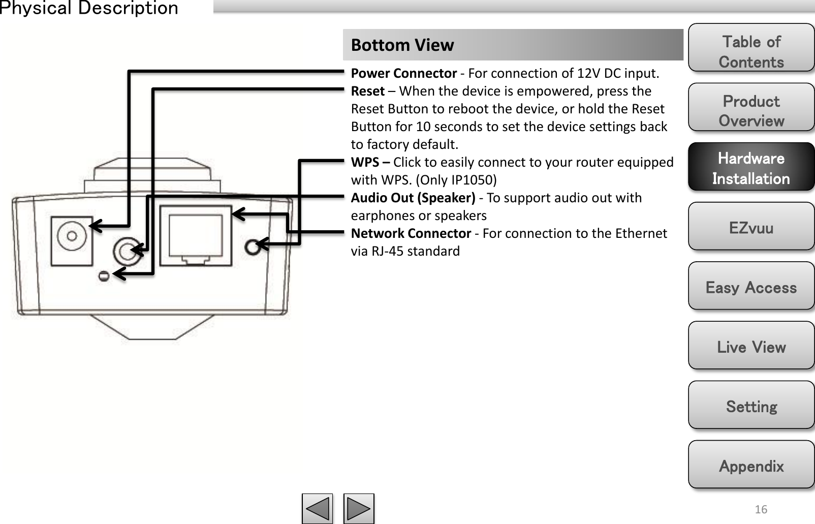 Product Overview Hardware Installation Easy Access EZvuu Setting Live View Appendix Table of Contents 16 Bottom View Power Connector - For connection of 12V DC input. Reset – When the device is empowered, press the Reset Button to reboot the device, or hold the Reset Button for 10 seconds to set the device settings back to factory default. WPS – Click to easily connect to your router equipped with WPS. (Only IP1050) Audio Out (Speaker) - To support audio out with earphones or speakers Network Connector - For connection to the Ethernet via RJ-45 standard Physical Description 