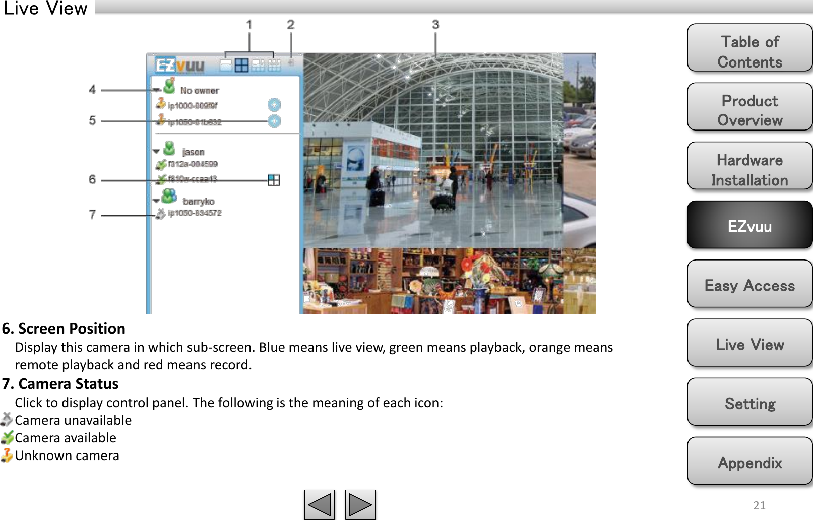 Product Overview Hardware Installation Easy Access EZvuu Setting Live View Appendix Table of Contents Live View 21 6. Screen Position     Display this camera in which sub-screen. Blue means live view, green means playback, orange means      remote playback and red means record. 7. Camera Status     Click to display control panel. The following is the meaning of each icon:         Camera unavailable     Camera available     Unknown camera 