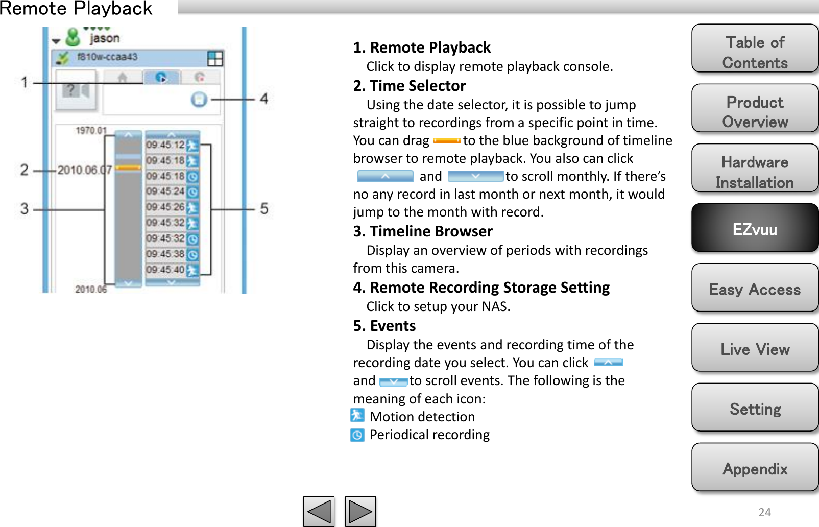 Product Overview Hardware Installation Easy Access EZvuu Setting Live View Appendix Table of Contents Remote Playback 24 1. Remote Playback     Click to display remote playback console. 2. Time Selector         Using the date selector, it is possible to jump straight to recordings from a specific point in time. You can drag          to the blue background of timeline browser to remote playback. You also can click                      and                   to scroll monthly. If there’s no any record in last month or next month, it would jump to the month with record. 3. Timeline Browser     Display an overview of periods with recordings from this camera. 4. Remote Recording Storage Setting        Click to setup your NAS. 5. Events     Display the events and recording time of the recording date you select. You can click           and          to scroll events. The following is the meaning of each icon:       Motion detection       Periodical recording 