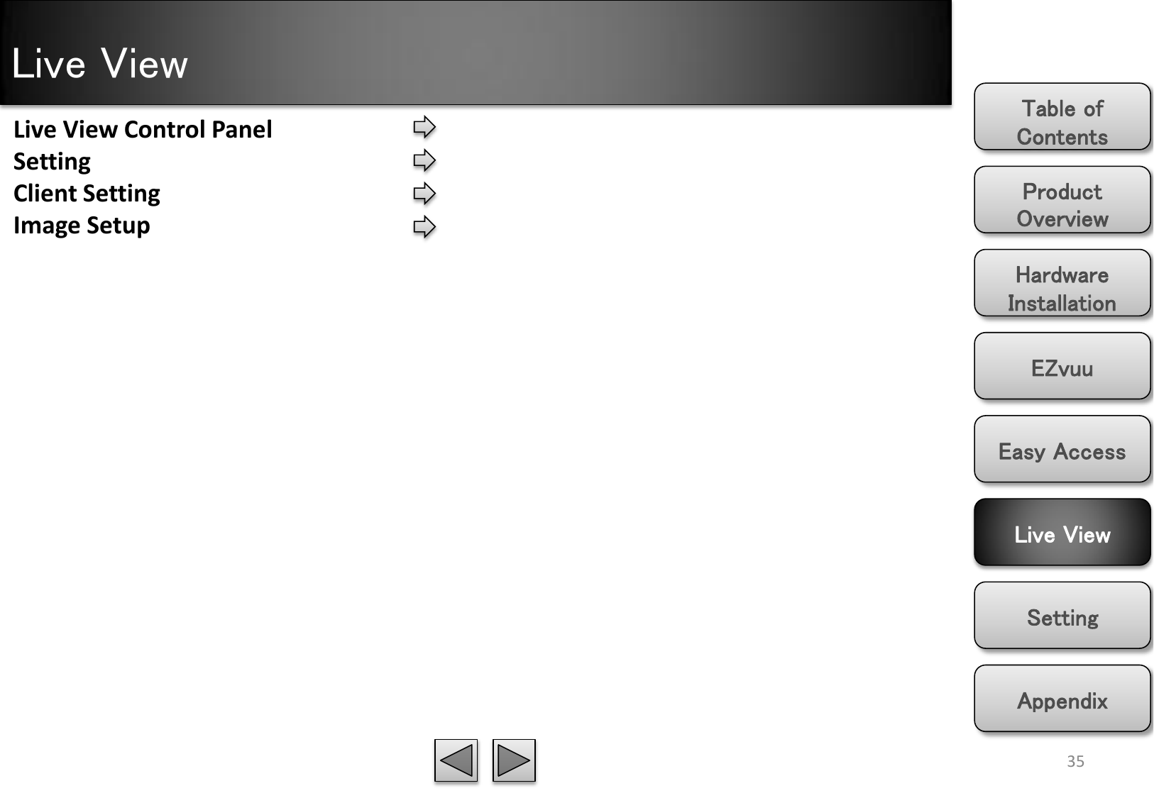 Live View Product Overview Hardware Installation Easy Access EZvuu Setting Live View Appendix Table of Contents 35 Live View Control Panel Setting Client Setting Image Setup 