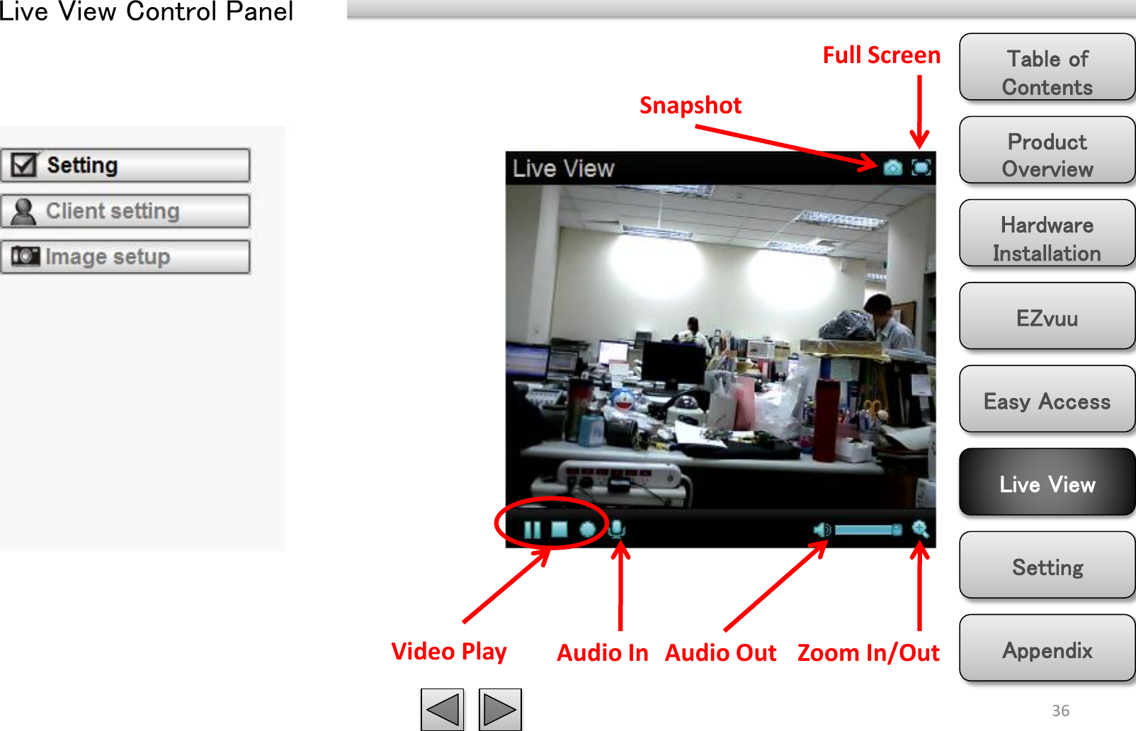 Product Overview Hardware Installation Easy Access EZvuu Setting Live View Appendix Table of Contents Live View Control Panel 36 Zoom In/Out Video Play  Audio In  Audio Out Snapshot Full Screen 