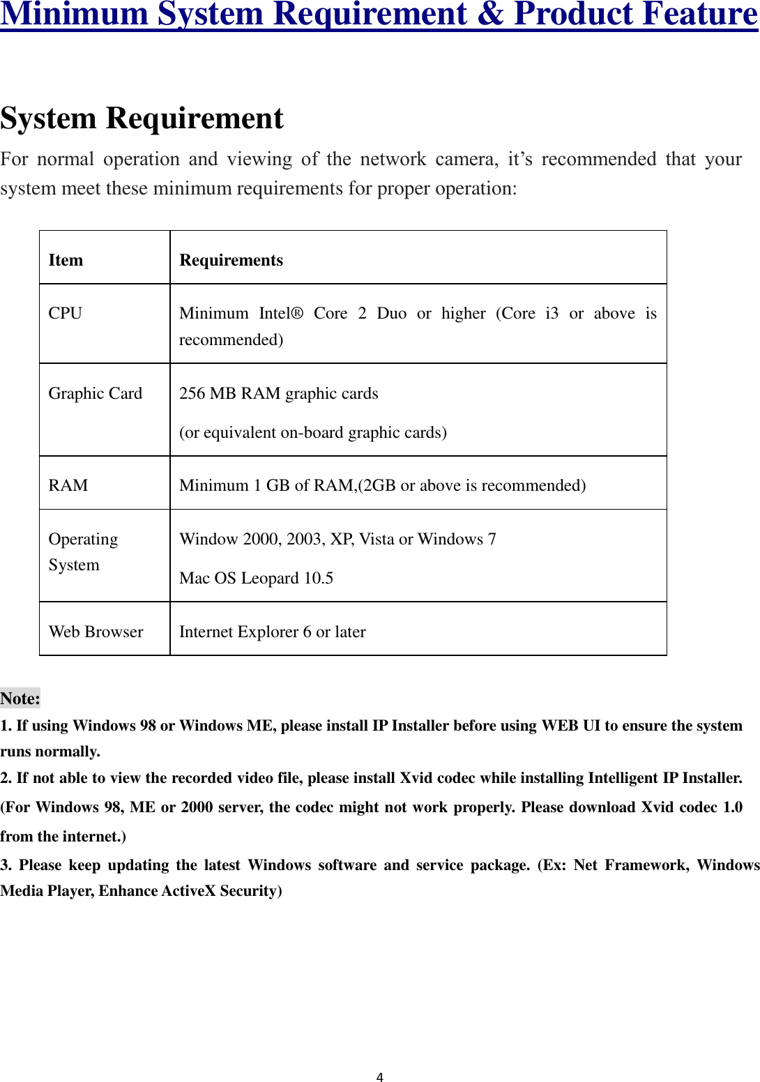4  Minimum System Requirement &amp; Product Feature  System Requirement For  normal  operation  and  viewing  of  the  network  camera,  it’s  recommended  that  your system meet these minimum requirements for proper operation:  Item Requirements CPU     Minimum  Intel®   Core  2  Duo  or  higher  (Core  i3  or  above  is recommended) Graphic Card   256 MB RAM graphic cards (or equivalent on-board graphic cards) RAM   Minimum 1 GB of RAM,(2GB or above is recommended) Operating System Window 2000, 2003, XP, Vista or Windows 7 Mac OS Leopard 10.5 Web Browser Internet Explorer 6 or later  Note: 1. If using Windows 98 or Windows ME, please install IP Installer before using WEB UI to ensure the system runs normally. 2. If not able to view the recorded video file, please install Xvid codec while installing Intelligent IP Installer. (For Windows 98, ME or 2000 server, the codec might not work properly. Please download Xvid codec 1.0 from the internet.) 3.  Please  keep  updating  the  latest  Windows  software  and  service  package.  (Ex:  Net  Framework,  Windows Media Player, Enhance ActiveX Security)    