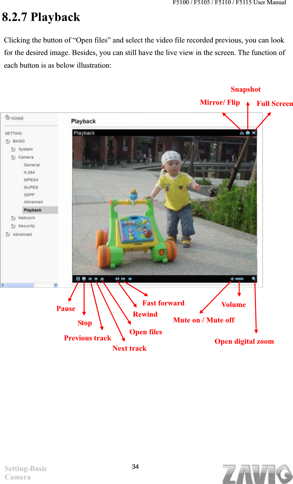 F5100 / F5105 / F5110 / F5115 User Manual   8.2.7 PlaybackClicking the button of “Open files” and select the video file recorded previous, you can look for the desired image. Besides, you can still have the live view in the screen. The function of each button is as below illustration:       Open digital zoom Volume Mute on / Mute off Fast forwardRewindOpen files Next track Stop PausePrevious trackFull Screen Mirror/ Flip SnapshotSetting-Basic Camera34