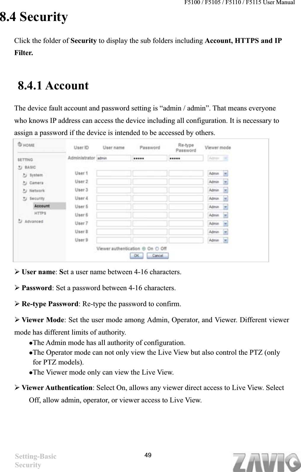 F5100 / F5105 / F5110 / F5115 User Manual   8.4 Security Click the folder of Security to display the sub folders including Account, HTTPS and IP Filter. 8.4.1 AccountThe device fault account and password setting is “admin / admin”. That means everyone who knows IP address can access the device including all configuration. It is necessary to assign a password if the device is intended to be accessed by others.   ¾User name:Set a user name between 4-16 characters. ¾Password: Set a password between 4-16 characters. ¾Re-type Password: Re-type the password to confirm. ¾Viewer Mode: Set the user mode among Admin, Operator, and Viewer. Different viewer mode has different limits of authority. zThe Admin mode has all authority of configuration.   zThe Operator mode can not only view the Live View but also control the PTZ (only for PTZ models). zThe Viewer mode only can view the Live View. ¾Viewer Authentication: Select On, allows any viewer direct access to Live View. Select Off, allow admin, operator, or viewer access to Live View. Setting-Basic Security49