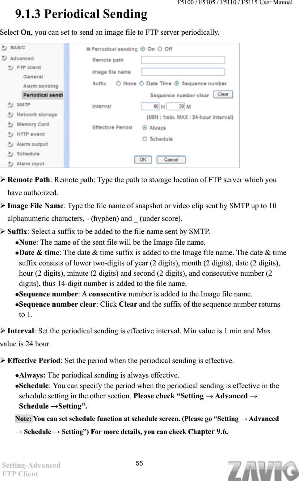 F5100 / F5105 / F5110 / F5115 User Manual   9.1.3 Periodical Sending Select On, you can set to send an image file to FTP server periodically.   ¾Remote Path: Remote path: Type the path to storage location of FTP server which you have authorized. ¾Image File Name: Type the file name of snapshot or video clip sent by SMTP up to 10 alphanumeric characters, - (hyphen) and _ (under score). ¾Suffix: Select a suffix to be added to the file name sent by SMTP. zNone: The name of the sent file will be the Image file name. zDate &amp; time: The date &amp; time suffix is added to the Image file name. The date &amp; time suffix consists of lower two-digits of year (2 digits), month (2 digits), date (2 digits), hour (2 digits), minute (2 digits) and second (2 digits), and consecutive number (2 digits), thus 14-digit number is added to the file name. zSequence number: A consecutive number is added to the Image file name. zSequence number clear: Click Clear and the suffix of the sequence number returns to 1. ¾Interval: Set the periodical sending is effective interval. Min value is 1 min and Max             value is 24 hour.   ¾Effective Period: Set the period when the periodical sending is effective.   zAlways: The periodical sending is always effective. zSchedule: You can specify the period when the periodical sending is effective in the schedule setting in the other section. Please check “Setting ĺ Advanced ĺSchedule ĺSetting”.Note: You can set schedule function at schedule screen. (Please go “Setting ĺ Advanced ĺ Schedule ĺ Setting”) For more details, you can check Chapter 9.6. Setting-AdvancedFTP Client 55