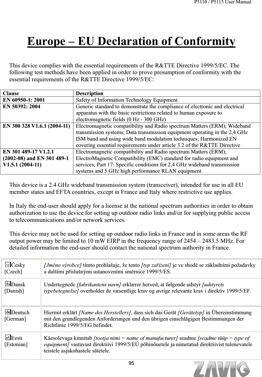 P5110 / P5115 User Manual                                                                           95Europe – EU Declaration of ConformityThis device complies with the essential requirements of the R&amp;TTE Directive 1999/5/EC. The following test methods have been applied in order to prove presumption of conformity with the essential requirements of the R&amp;TTE Directive 1999/5/EC: Clause Description EN 60950-1: 2001  Safety of Information Technology Equipment EN 50392: 2004  Generic standard to demonstrate the compliance of electronic and electrical apparatus with the basic restrictions related to human exposure to electromagnetic fields (0 Hz - 300 GHz) EN 300 328 V1.6.1 (2004-11) Electromagnetic compatibility and Radio spectrum Matters (ERM); Wideband transmission systems; Data transmission equipment operating in the 2,4 GHz ISM band and using wide band modulation techniques; Harmonized EN covering essential requirements under article 3.2 of the R&amp;TTE Directive EN 301 489-17 V1.2.1 (2002-08) and EN 301 489-1 V1.5.1 (2004-11) Electromagnetic compatibility and Radio spectrum Matters (ERM); ElectroMagnetic Compatibility (EMC) standard for radio equipment and services; Part 17: Specific conditions for 2,4 GHz wideband transmission systems and 5 GHz high performance RLAN equipment This device is a 2.4 GHz wideband transmission system (transceiver), intended for use in all EU member states and EFTA countries, except in France and Italy where restrictive use applies. In Italy the end-user should apply for a license at the national spectrum authorities in order to obtain authorization to use the device for setting up outdoor radio links and/or for supplying public access to telecommunications and/or network services. This device may not be used for setting up outdoor radio links in France and in some areas the RF output power may be limited to 10 mW EIRP in the frequency range of 2454 – 2483.5 MHz. For detailed information the end-user should contact the national spectrum authority in France.   ýesky [Czech] [Jméno výrobce] tímto prohlašuje, že tento [typ zaĜízení] je ve shodČ se základními požadavky a dalšími pĜíslušnými ustanoveními smČrnice 1999/5/ES. Dansk[Danish] Undertegnede [fabrikantens navn] erklærer herved, at følgende udstyr [udstyrets typebetegnelse] overholder de væsentlige krav og øvrige relevante krav i direktiv 1999/5/EF. Deutsch[German] Hiermit erklärt [Name des Herstellers], dass sich das Gerät [Gerätetyp] in Übereinstimmung mit den grundlegenden Anforderungen und den übrigen einschlägigen Bestimmungen der Richtlinie 1999/5/EG befindet. Eesti[Estonian] Käesolevaga kinnitab [tootja nimi = name of manufacturer] seadme [seadme tüüp = type of equipment] vastavust direktiivi 1999/5/EÜ põhinõuetele ja nimetatud direktiivist tulenevatele teistele asjakohastele sätetele. 