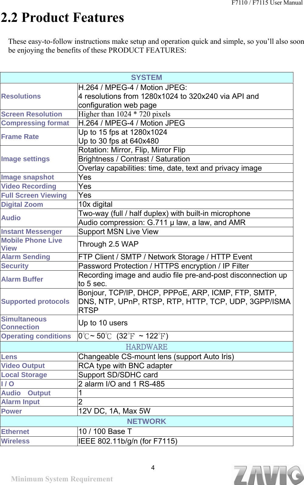 F7110 / F7115 User Manual           2.2 Product Features  These easy-to-follow instructions make setup and operation quick and simple, so you’ll also soon be enjoying the benefits of these PRODUCT FEATURES:   SYSTEM Resolutions H.264 / MPEG-4 / Motion JPEG:                            4 resolutions from 1280x1024 to 320x240 via API and configuration web page Screen Resolution  Higher than 1024 * 720 pixels   Compressing format  H.264 / MPEG-4 / Motion JPEG Frame Rate  Up to 15 fps at 1280x1024                                  Up to 30 fps at 640x480 Rotation: Mirror, Flip, Mirror Flip Brightness / Contrast / Saturation Image settings Overlay capabilities: time, date, text and privacy image Image snapshot    Yes Video Recording    Yes Full Screen Viewing  Yes Digital Zoom  10x digital Two-way (full / half duplex) with built-in microphone Audio  Audio compression: G.711 μ law, a law, and AMR Instant Messenger  Support MSN Live View Mobile Phone Live View   Through 2.5 WAP Alarm Sending    FTP Client / SMTP / Network Storage / HTTP Event Security  Password Protection / HTTPS encryption / IP Filter Alarm Buffer    Recording image and audio file pre-and-post disconnection up to 5 sec. Supported protocols Bonjour, TCP/IP, DHCP, PPPoE, ARP, ICMP, FTP, SMTP, DNS, NTP, UPnP, RTSP, RTP, HTTP, TCP, UDP, 3GPP/ISMA RTSP Simultaneous Connection  Up to 10 users Operating conditions  0℃~ 50℃ (32℉ ~ 122℉) HARDWARE Lens  Changeable CS-mount lens (support Auto Iris) Video Output  RCA type with BNC adapter Local Storage  Support SD/SDHC card I / O  2 alarm I/O and 1 RS-485 Audio  Output  1 Alarm Input  2 Power  12V DC, 1A, Max 5W NETWORK Ethernet  10 / 100 Base T Wireless  IEEE 802.11b/g/n (for F7115)        4Minimum System Requirement &amp; Product Feature 