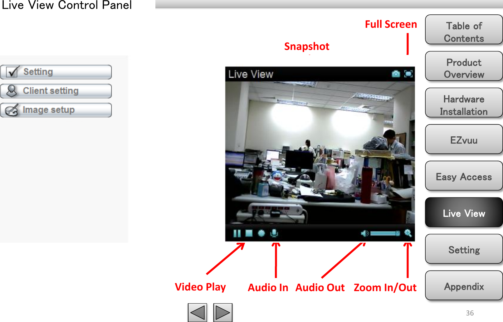 Product Overview Hardware Installation Easy Access EZvuu Setting Live View Appendix Table of Contents Live View Control Panel 36 Zoom In/Out Video Play  Audio In  Audio Out Snapshot Full Screen 