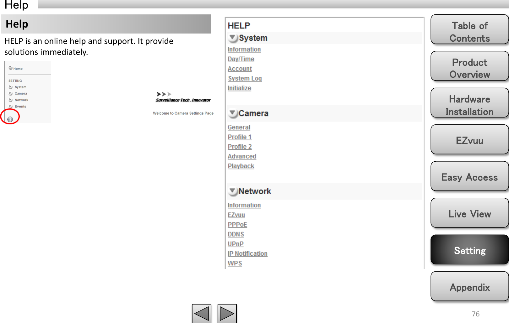 Product Overview Hardware Installation Easy Access EZvuu Setting Live View Appendix Table of Contents 76 Help Help HELP is an online help and support. It provide solutions immediately. 