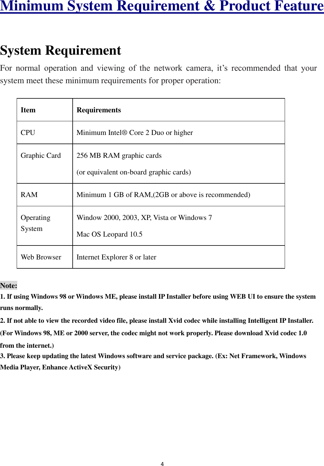 4  Minimum System Requirement &amp; Product Feature  System Requirement For  normal  operation  and  viewing  of  the  network  camera,  it’s  recommended  that  your system meet these minimum requirements for proper operation:  Item Requirements CPU     Minimum Intel®  Core 2 Duo or higher   Graphic Card   256 MB RAM graphic cards (or equivalent on-board graphic cards) RAM   Minimum 1 GB of RAM,(2GB or above is recommended) Operating System Window 2000, 2003, XP, Vista or Windows 7 Mac OS Leopard 10.5 Web Browser Internet Explorer 8 or later  Note: 1. If using Windows 98 or Windows ME, please install IP Installer before using WEB UI to ensure the system runs normally. 2. If not able to view the recorded video file, please install Xvid codec while installing Intelligent IP Installer. (For Windows 98, ME or 2000 server, the codec might not work properly. Please download Xvid codec 1.0 from the internet.) 3. Please keep updating the latest Windows software and service package. (Ex: Net Framework, Windows Media Player, Enhance ActiveX Security)     