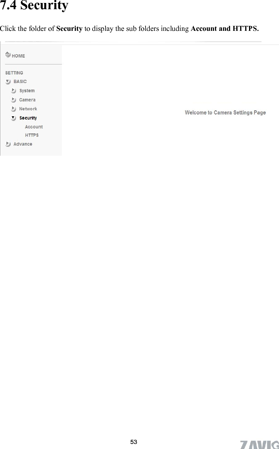           7.4 Security Click the folder of Security to display the sub folders including Account and HTTPS.  53 53