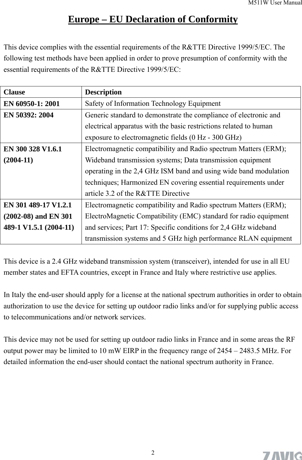 M511W User Manual  2Europe – EU Declaration of Conformity  This device complies with the essential requirements of the R&amp;TTE Directive 1999/5/EC. The following test methods have been applied in order to prove presumption of conformity with the essential requirements of the R&amp;TTE Directive 1999/5/EC:  Clause Description EN 60950-1: 2001  Safety of Information Technology Equipment EN 50392: 2004  Generic standard to demonstrate the compliance of electronic and electrical apparatus with the basic restrictions related to human exposure to electromagnetic fields (0 Hz - 300 GHz) EN 300 328 V1.6.1 (2004-11)  Electromagnetic compatibility and Radio spectrum Matters (ERM); Wideband transmission systems; Data transmission equipment operating in the 2,4 GHz ISM band and using wide band modulation techniques; Harmonized EN covering essential requirements under article 3.2 of the R&amp;TTE Directive EN 301 489-17 V1.2.1 (2002-08) and EN 301 489-1 V1.5.1 (2004-11)  Electromagnetic compatibility and Radio spectrum Matters (ERM); ElectroMagnetic Compatibility (EMC) standard for radio equipment and services; Part 17: Specific conditions for 2,4 GHz wideband transmission systems and 5 GHz high performance RLAN equipment  This device is a 2.4 GHz wideband transmission system (transceiver), intended for use in all EU member states and EFTA countries, except in France and Italy where restrictive use applies.  In Italy the end-user should apply for a license at the national spectrum authorities in order to obtain authorization to use the device for setting up outdoor radio links and/or for supplying public access to telecommunications and/or network services.  This device may not be used for setting up outdoor radio links in France and in some areas the RF output power may be limited to 10 mW EIRP in the frequency range of 2454 – 2483.5 MHz. For detailed information the end-user should contact the national spectrum authority in France. 