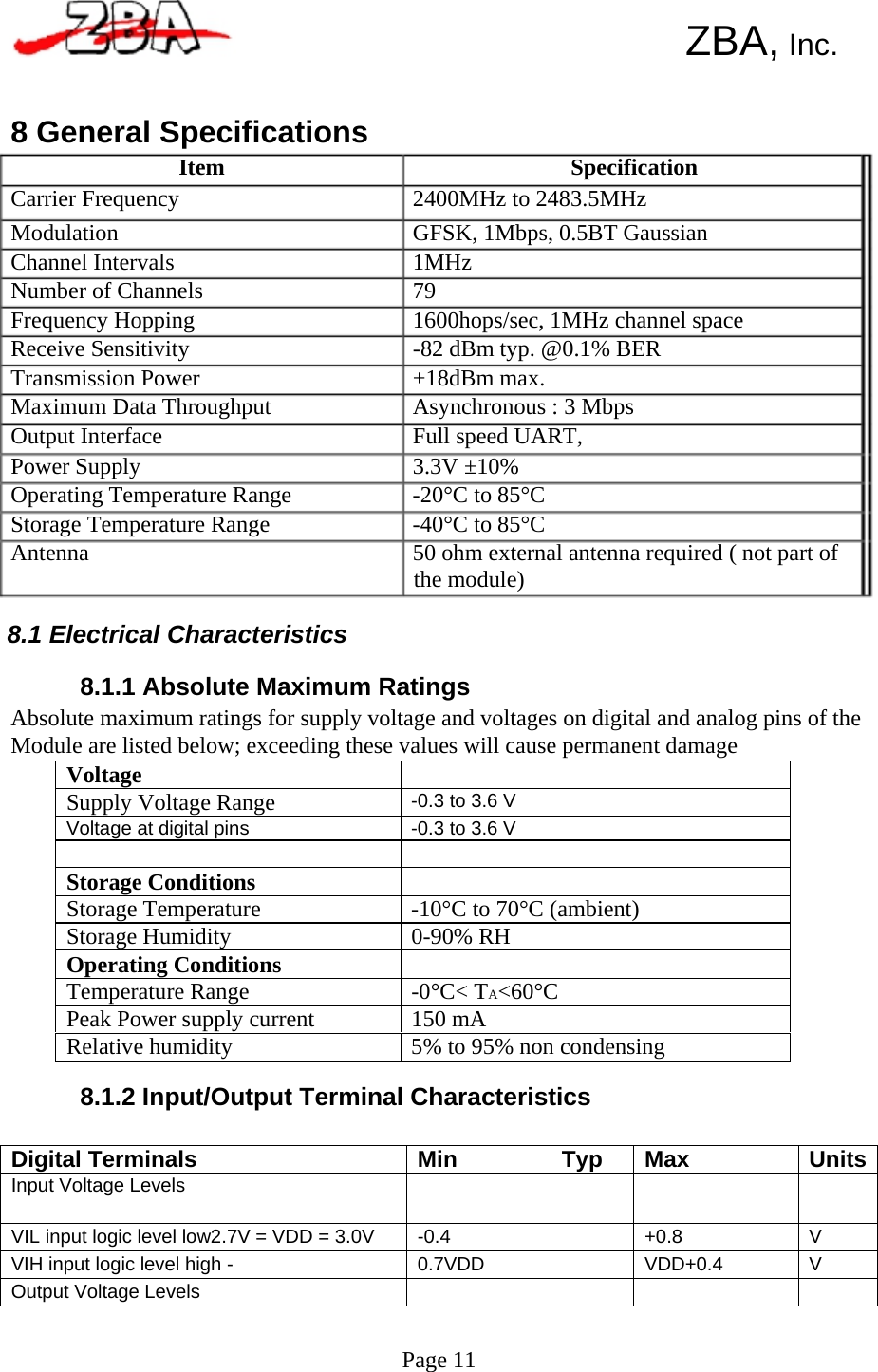  Voltage   Supply Voltage Range  -0.3 to 3.6 V Voltage at digital pins  -0.3 to 3.6 V    Storage Conditions   Storage Temperature  -10°C to 70°C (ambient) Storage Humidity  0-90% RH Operating Conditions   Temperature Range  -0°C&lt; TA&lt;60°C Peak Power supply current  150 mA Relative humidity  5% to 95% non condensing Digital Terminals Min Typ Max  UnitsInput Voltage Levels         VIL input logic level low2.7V = VDD = 3.0V  -0.4   +0.8  V VIH input logic level high -  0.7VDD   VDD+0.4  V Output Voltage Levels              ZBA, Inc.   8 General Specifications Item Carrier Frequency Modulation Channel Intervals Number of Channels Frequency Hopping Receive Sensitivity Transmission Power Maximum Data Throughput Output Interface Power Supply Operating Temperature Range Storage Temperature Range Antenna Specification 2400MHz to 2483.5MHz GFSK, 1Mbps, 0.5BT Gaussian 1MHz 79 1600hops/sec, 1MHz channel space -82 dBm typ. @0.1% BER +18dBm max. Asynchronous : 3 Mbps Full speed UART, 3.3V ±10% -20°C to 85°C -40°C to 85°C 50 ohm external antenna required ( not part of the module)  8.1 Electrical Characteristics  8.1.1 Absolute Maximum Ratings Absolute maximum ratings for supply voltage and voltages on digital and analog pins of the Module are listed below; exceeding these values will cause permanent damage                  8.1.2 Input/Output Terminal Characteristics             Page 11  