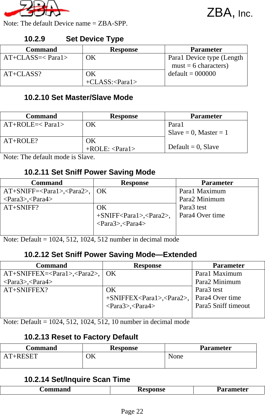  Command  Response  Parameter AT+SNIFFEX=&lt;Para1&gt;,&lt;Para2&gt;,&lt;Para3&gt;,&lt;Para4&gt;  OK AT+SNIFFEX?  OK +SNIFFEX&lt;Para1&gt;,&lt;Para2&gt;,&lt;Para3&gt;,&lt;Para4&gt; Para1 Maximum Para2 Minimum Para3 test Para4 Over time Para5 Sniff timeout Command  Response  Parameter AT+SNIFF=&lt;Para1&gt;,&lt;Para2&gt;, &lt;Para3&gt;,&lt;Para4&gt;  OK AT+SNIFF?  OK +SNIFF&lt;Para1&gt;,&lt;Para2&gt;, &lt;Para3&gt;,&lt;Para4&gt; Para1 Maximum Para2 Minimum Para3 test Para4 Over time Command  Response  Parameter AT+CLASS=&lt; Para1&gt;  OK AT+CLASS?  OK +CLASS:&lt;Para1&gt; Para1 Device type (Length must = 6 characters) default = 000000 Command Response Parameter AT+ROLE=&lt; Para1&gt;  OK AT+ROLE?  OK +ROLE: &lt;Para1&gt; Para1 Slave = 0, Master = 1 Default = 0, Slave Command  Response  Parameter AT+RESET  OK  None      ZBA, Inc. Note: The default Device name = ZBA-SPP.  10.2.9   Set Device Type         10.2.10 Set Master/Slave Mode          Note: The default mode is Slave.  10.2.11 Set Sniff Power Saving Mode           Note: Default = 1024, 512, 1024, 512 number in decimal mode  10.2.12 Set Sniff Power Saving Mode—Extended           Note: Default = 1024, 512, 1024, 512, 10 number in decimal mode  10.2.13 Reset to Factory Default       10.2.14 Set/Inquire Scan Time Command Response   Page 22 Parameter     