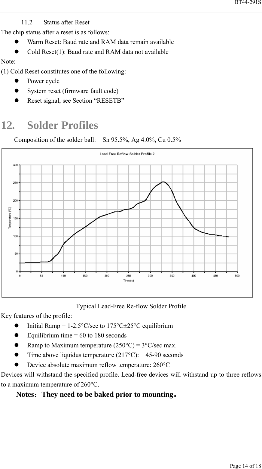  BT44-291S Page 14 of 18 11.2 Status after Reset The chip status after a reset is as follows: z Warm Reset: Baud rate and RAM data remain available z Cold Reset(1): Baud rate and RAM data not available Note: (1) Cold Reset constitutes one of the following: z Power cycle z System reset (firmware fault code) z Reset signal, see Section “RESETB”  12. Solder Profiles Composition of the solder ball:    Sn 95.5%, Ag 4.0%, Cu 0.5%  Typical Lead-Free Re-flow Solder Profile Key features of the profile:   z Initial Ramp = 1-2.5°C/sec to 175°C±25°C equilibrium   z Equilibrium time = 60 to 180 seconds   z Ramp to Maximum temperature (250°C) = 3°C/sec max.   z Time above liquidus temperature (217°C):    45-90 seconds   z Device absolute maximum reflow temperature: 260°C   Devices will withstand the specified profile. Lead-free devices will withstand up to three reflows to a maximum temperature of 260°C. Notes：They need to be baked prior to mounting。  